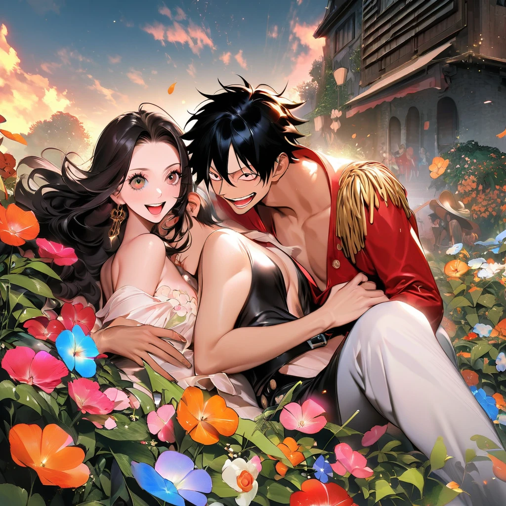 ultra détaillé, haute résolution, absurdes, hdr, Luffy, cheveux noirs, yeux noirs, nous, cheveux roux, yeux marrons, one piece, 1 homme avec une femme en couple, feuilles vertes, été, Fleurs et pétales, papillons