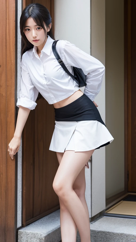 Japanese woman, 20 years old、White shirt、Black mini slit skirt
