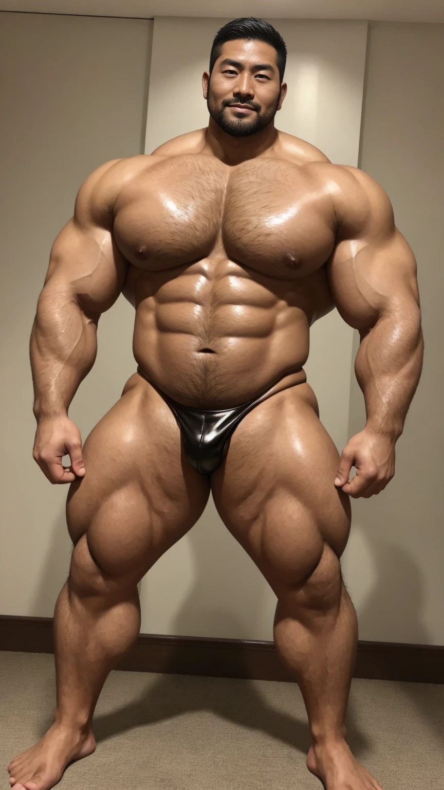 There is only one handsome Asian actor in the photo，35 years old，High target, Fitness，short hair, O-Shaped Beard，Perfect body, Dark skin color，Radiant Skin，Smooth skin，Shiny, shiny skin，Smooth pectoral muscles，No  hair，No body hair，Muscle bulge, muscular, Very large pectoral muscles，Very  abdominal muscles，Very well-developed leg muscles，Huge concave and convex area，Brightens oily skin，Wearing a shiny gold leather thong，Handsome face，Normal human toes，Correct and accurate male body proportions,，Dunhuang style。
