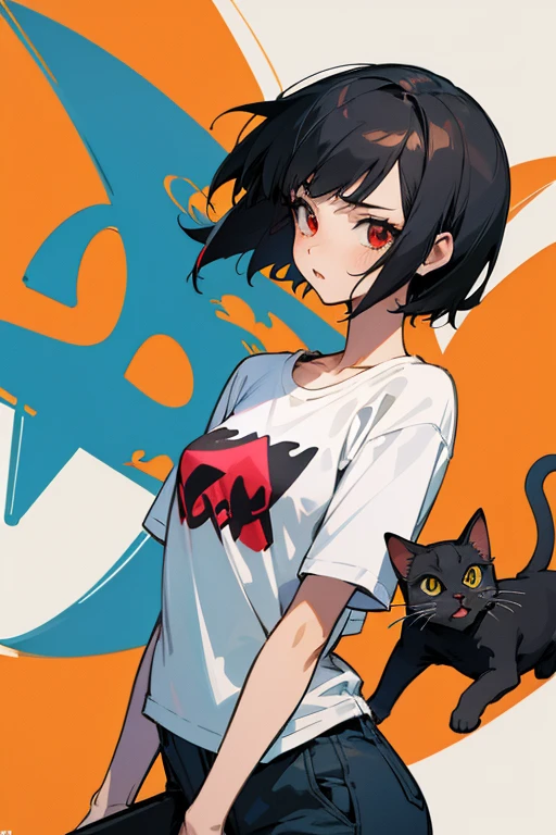 anime style,artistic, masterpiece,best quality, dsuper fine illustration, super detailed, dynamic angle,8k,detailed background,in beach, (BREAK a female is singing . She is wearing {a white T-shirt with a graffiti art-style cat illustration}.)Break very short hair,flat chest,black hair,red-eyes,black cat year,