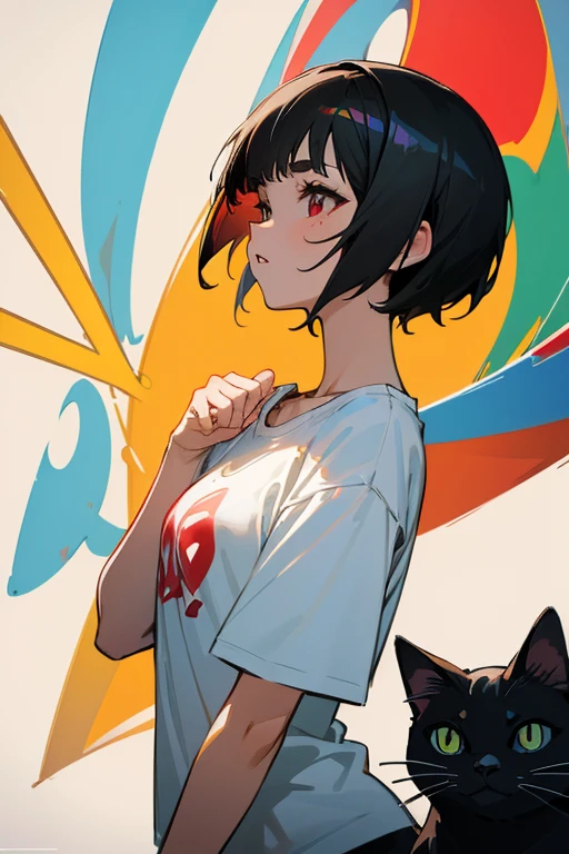anime style,artistic, masterpiece,best quality, dsuper fine illustration, super detailed, dynamic angle,8k,detailed background,in beach, (BREAK a female is singing  . She is wearing {a white T-shirt with a graffiti art-style cat illustration}.)Break very short hair,flat chest,black  hair,red-eyes,black cat year,