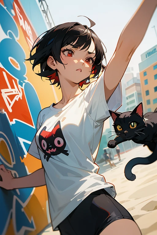anime style,artistic, masterpiece,best quality, dsuper fine illustration, super detailed, dynamic angle,8k,detailed background,in beach, (BREAK a female is singing . She is wearing {a white T-shirt with a graffiti art-style cat illustration}.)Break very short hair,flat chest,black hair,red-eyes,black cat year,