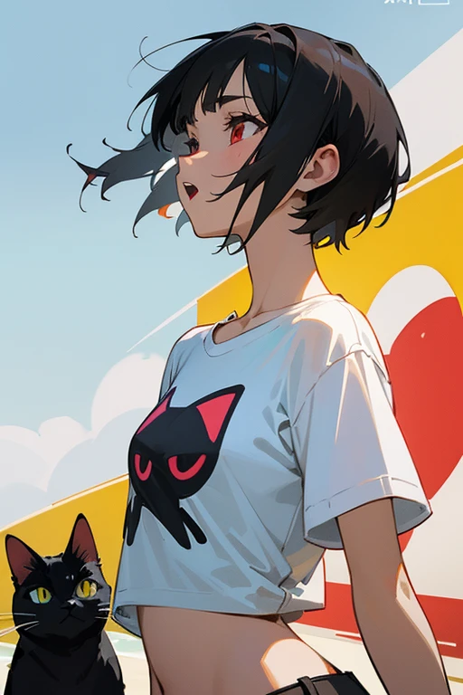 anime style,artistic, masterpiece,best quality, dsuper fine illustration, super detailed, dynamic angle,8k,detailed background,in beach, (BREAK a female is singing . She is wearing {a white T-shirt with a graffiti art-style cat illustration}.)Break very short hair,flat chest,black hair,red-eyes,black cat year,
