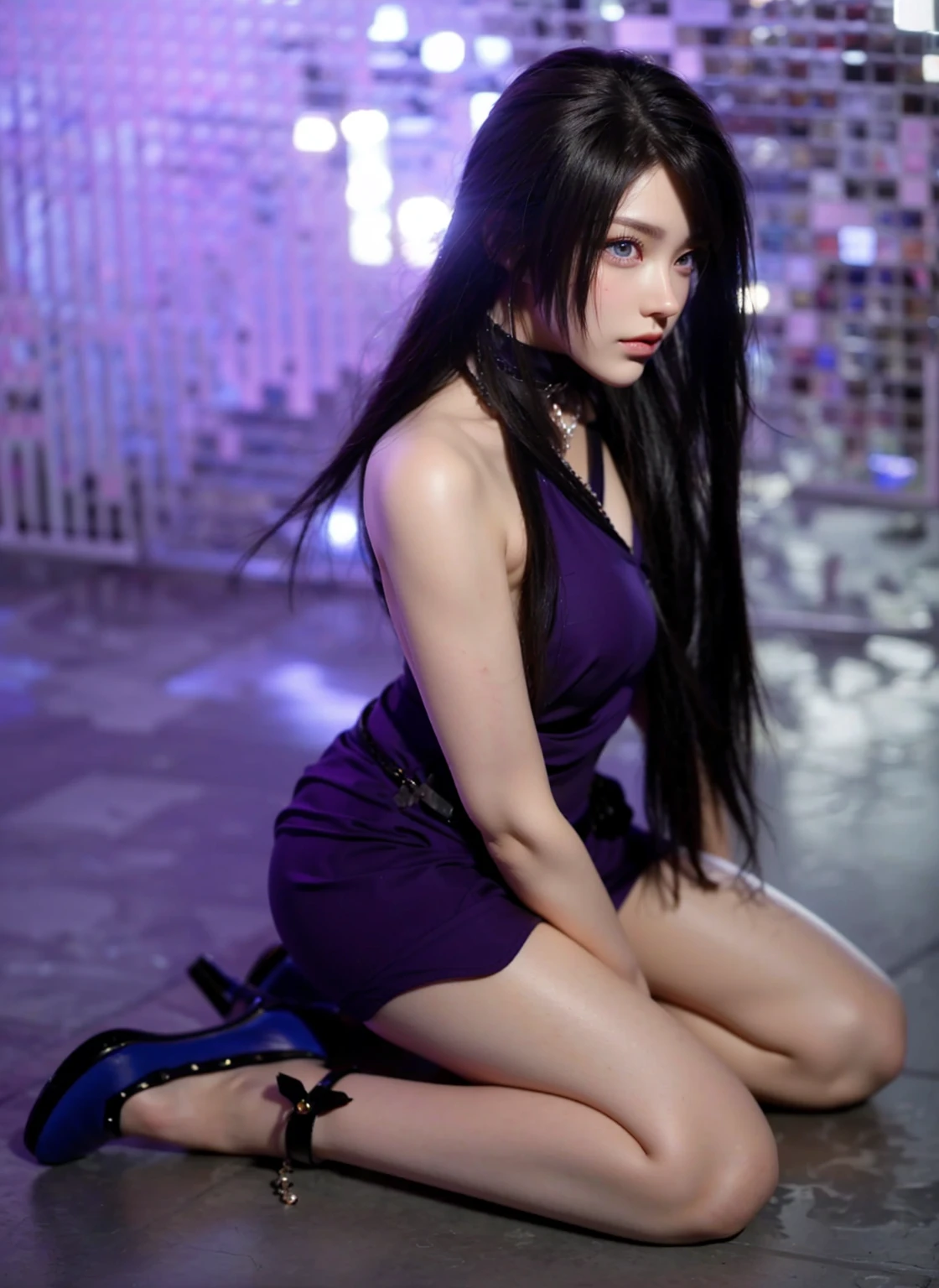 Game Art，Best image quality，Maximum resolution，8K，(A bust photo)，(portrait)，(Head close-up)，(Rule of Thirds)，Unreal Engine 5 rendering works，20 year old girl，((Queen))，The eyes are very detailed，(Large Breasts)，Elegance and nobility，Light，Light线追踪，Game CG，((3D Unreal Engine))，OC rendering reflection mode，4K，Ultra-clear，Sensual，Translucent lace，Fair and plump figure，Pretty Face，Light泽凝胶涂层，身着华贵礼服的Queen，Crystal Gem Crown，Necklace jewelry，blue eyes，The tattoo is very three-dimensional，Gorgeous and intricate tattoo designs，Ultra-clear portrait，Sexy body，Temple Princess，Sapphire eyes，Fine gold and diamond jewellery，Luxurious jewelry，Wearing diamond gemstone jewelry，Gorgeous jewelry all over the body，Pearl Necklace，Diamond Dress，Kneeling on the ground，Wear purple high heel boots