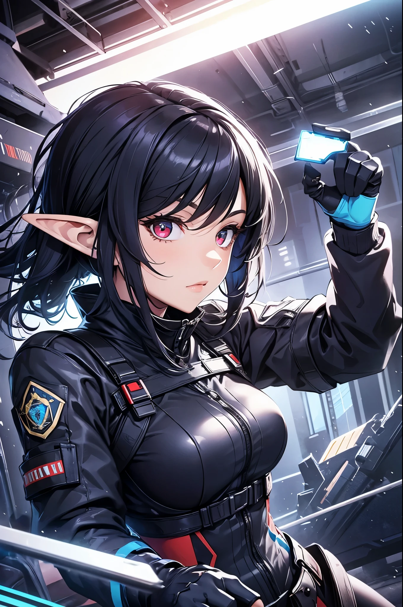 Create high quality images featuring short elf girls with dark navy blue hair and very long sideburns, And red eyes. She is a member of the police special forces., Wearing black and blue body armor. She has an aggressive pose with an aggressive expression, In the background, a city is depicted inside a dome., Next to her is a black armored vehicle.
