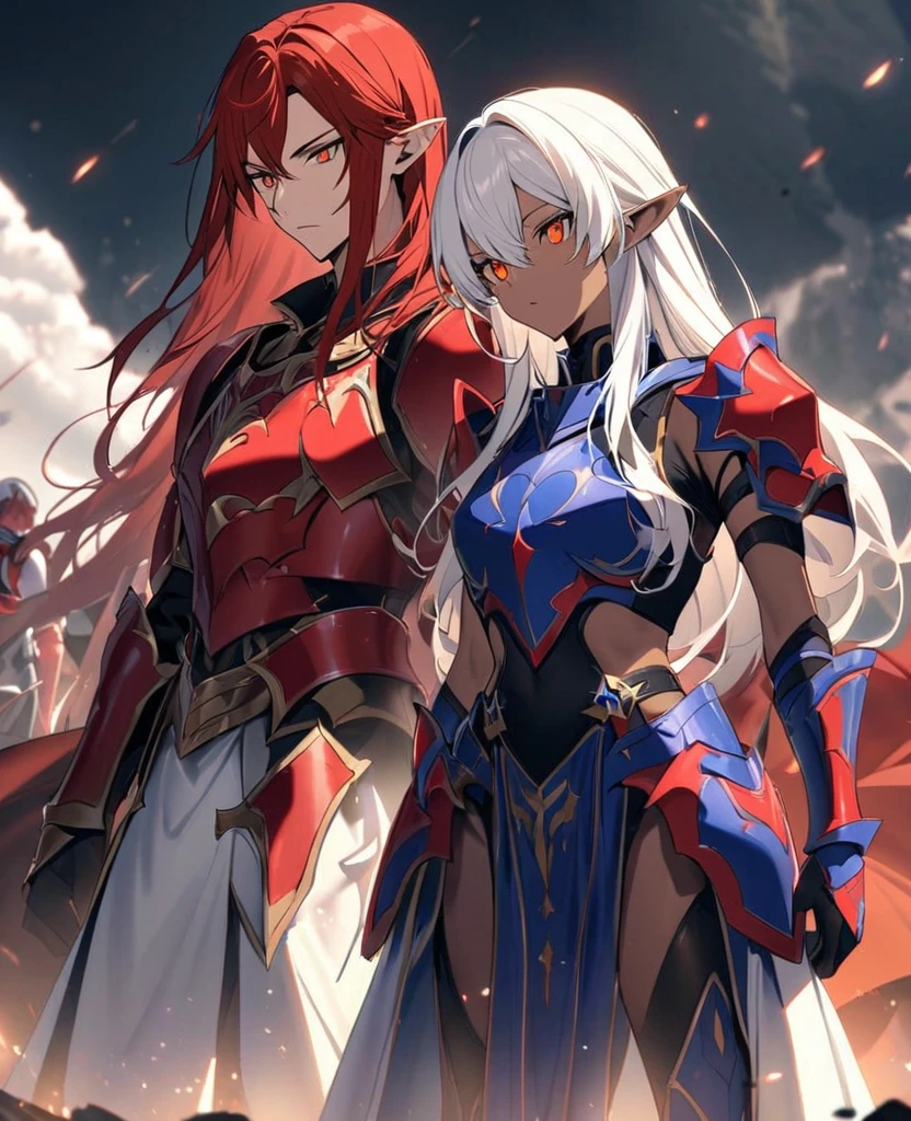(Male,5'4,pierced pointy ears,light skin,red eyes, white long hair half up half down,Blue and white armour) and (Female,5'9,pointed ears,light skin,red hair,orange eyes,black and red armour) standing next to each other on a battlefield
