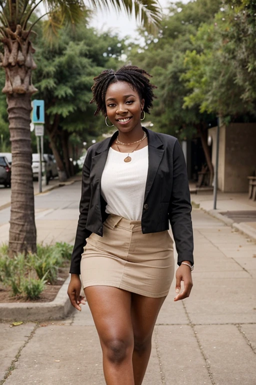 Create an image of a 23-year-old African woman, exuding happiness, dressed in a beautiful modern clothes, she should be very thick and realistic . She should be posing with the confidence and grace of a fashionista. The scene should be simple and capture a beautiful scene of the beautiful outdoors