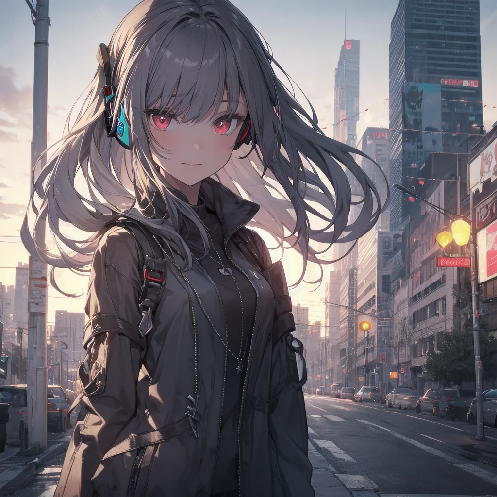 nude, chromatic aberration, Written boundary depth, Soft lighting, masterpiece, Highest quality, Complex, Tone Map, Very detailed, Art Station, Concept Art, Smooth, Sharp focus, Dramatic lighting, Very detailed artwork, Cinematic, hyper Realistic painting, Art Stationでトレンド8K, Incredible Shadows, Realistic, (Very detailed background:1.0), A Very detailed portrait of a solo 1girl standing on a street corner, During a rainstorm with thunder and cloudy skies, neon and cyberpunk background, she is wearing punk clothes with silver chains and silver spikes, She has butterfly-wing hair clips in her messy hair..., She is wearing headphones and a tie, , Clear pupils、Glowing red eyes, Ominous aura halo, smile, punk, cyberpunk, Backlight