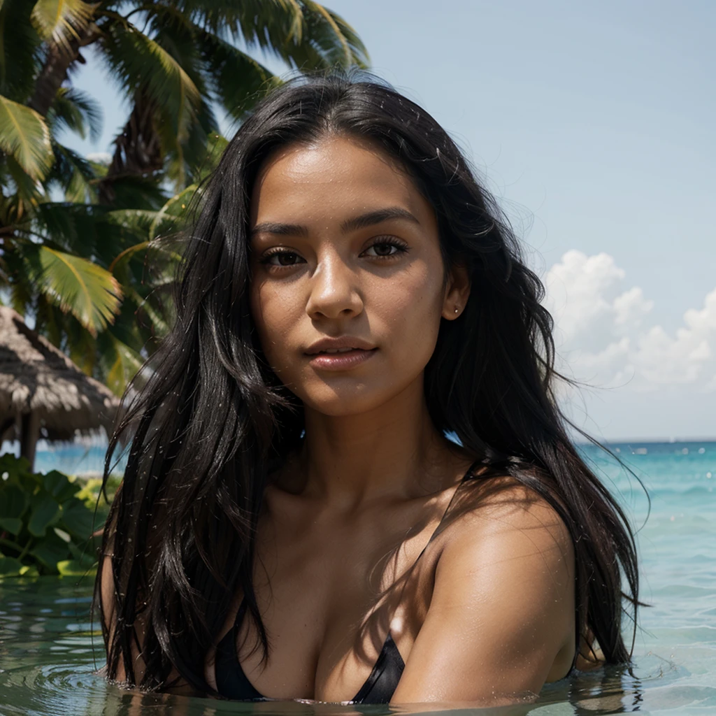 woman, long black hair, tanned, sunbathes, big , transparent bikini