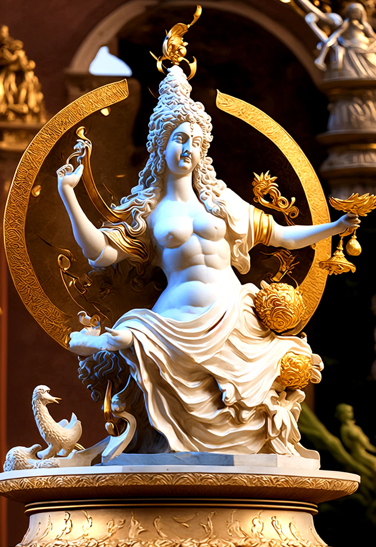 white marble statue of goddess Saraswati wearing golden ornaments with her swan and veena in the style of renaissance greek statue