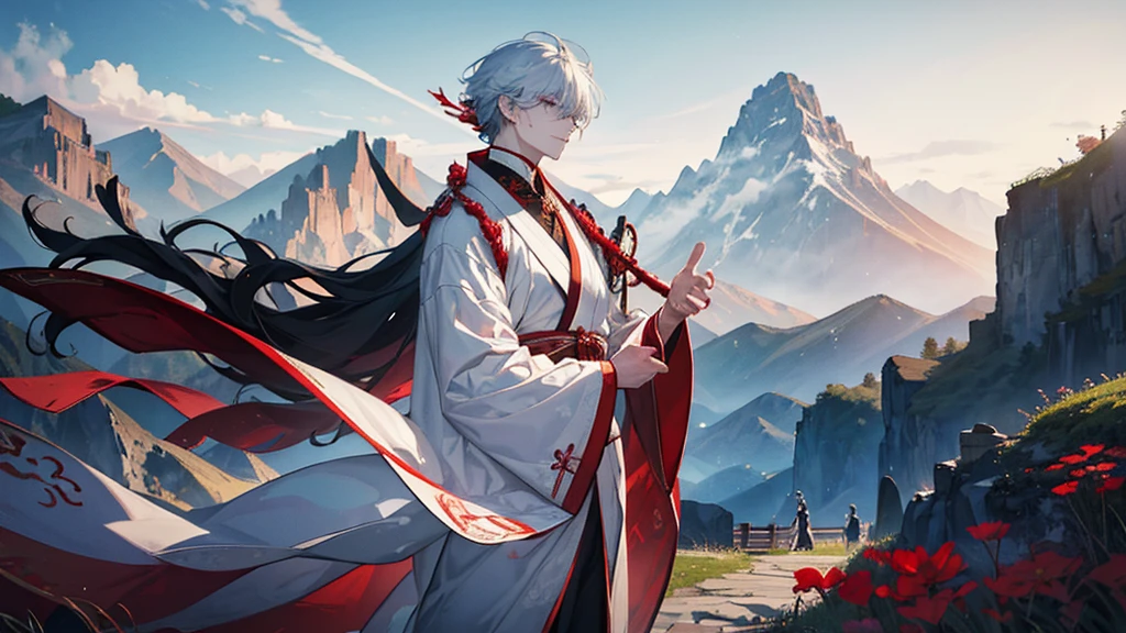 A man wearing a white Chinese-style robe , Handsome like a villain,Clear eyes,Bright theme , strong , ,Chinese martial arts theme , Behind are mountains and buildings. , The scenery is more important than the characters. , single character 