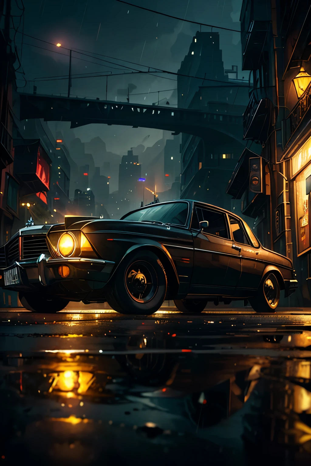 (Masterpiece), High Quality, Night Scene, Car Under City Lights, Old Car, Black Car, Centre Position, 8K Wallpaper, High Resolution, Realistic Detailing, Shiny Paint, Engine Parts Glowing, Reflection of City Lights, Depth of Field, Cinematic Lighting, Dark Alleys, City Skyline, Rusty Grilles, Wipers Sweeping Rain, Velvet Interior, Leather Seats, Vintage Dashboard, Steering Wheel, Tattered Car Mats, Rear View Mirror, Vintage Radio, Tyre Treads, Metallic Rims, (1 Object:1.0), Detailed