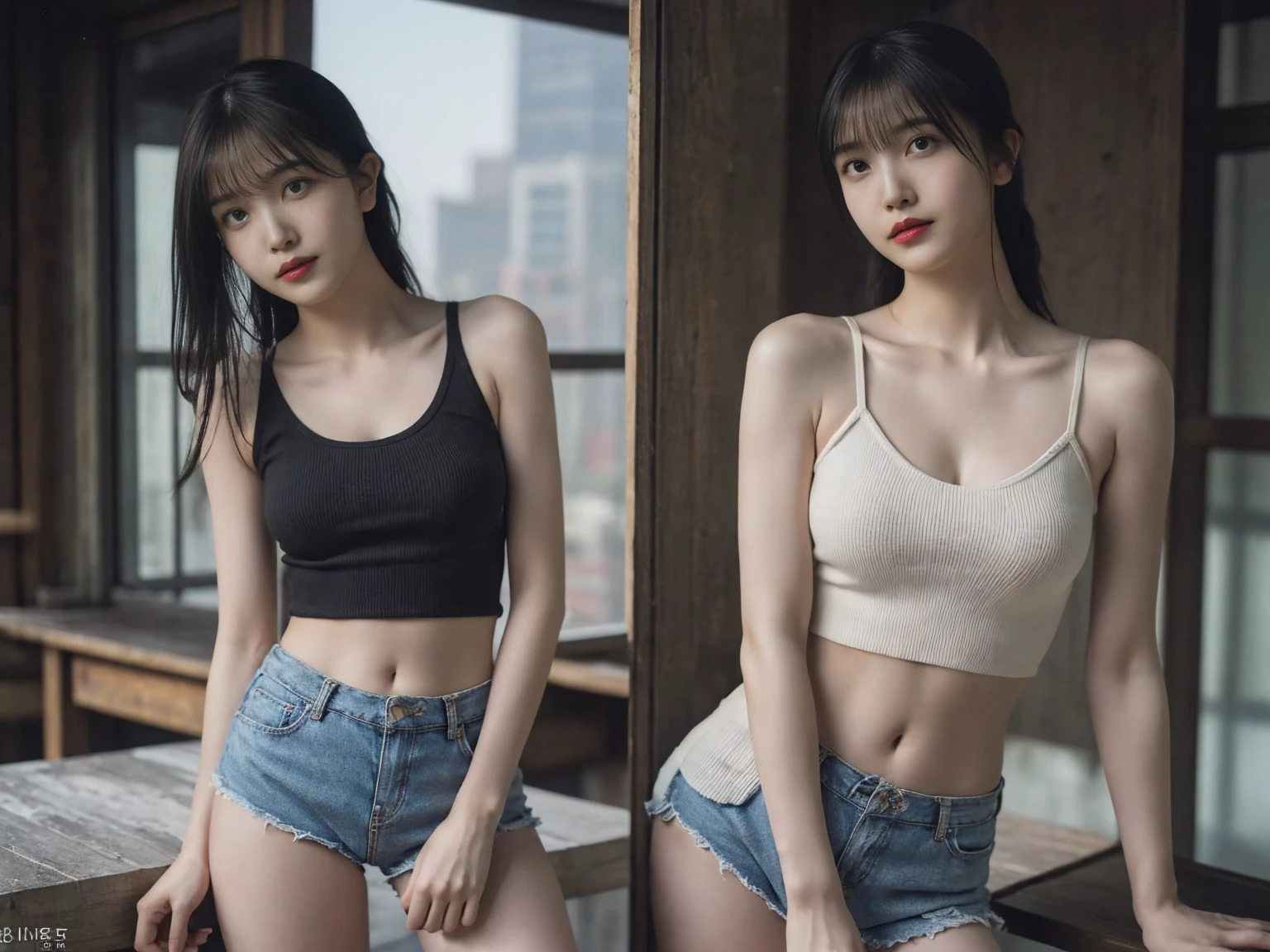 ((1girl)), woman, masterpiece, best quality, highest quality, cinematic lighting, (volumetric lighting), extremely detailed CG unity 8k wallpaper, focused, 8k wallpaper, extremely detailed, ultra realistic, photorealistic, sharp focus, absurdres, (HDR:1.2), (high contrast), photograph, detailed and intricate, instagram, portrait, highly detailed, digital painting, artstation, concept art, smooth, sharp focus, illustration, cinematic lighting, (big breast:1.2), (((skinny, super slim legs))), (japanese idol posture), (knit strap tanktop, short pants, cleavage), looking at the viewer, (I don't see arms)), ((Standing)), ((Medium body shot, hip level shot))