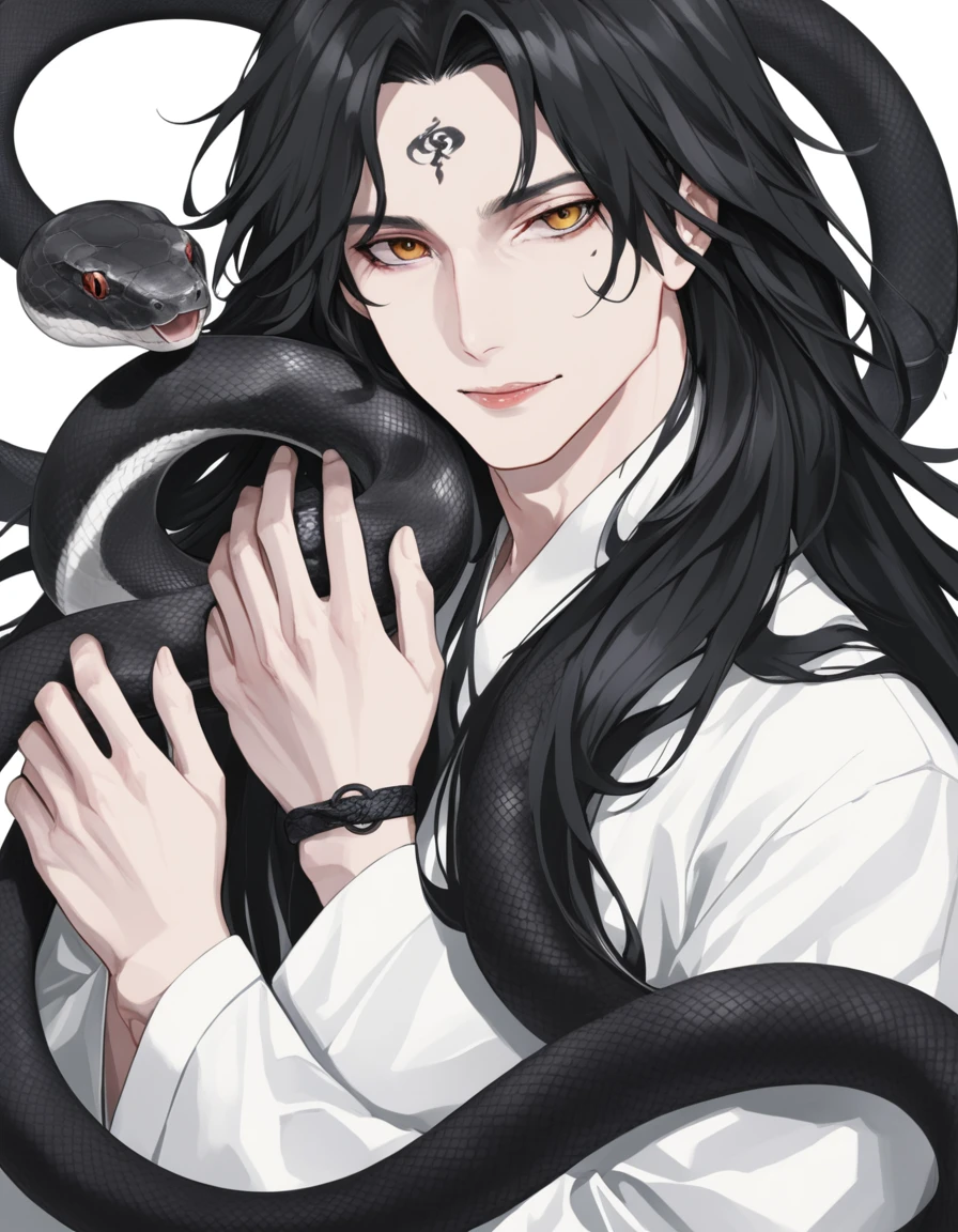 Long hair man，White snake and black snake coiled around