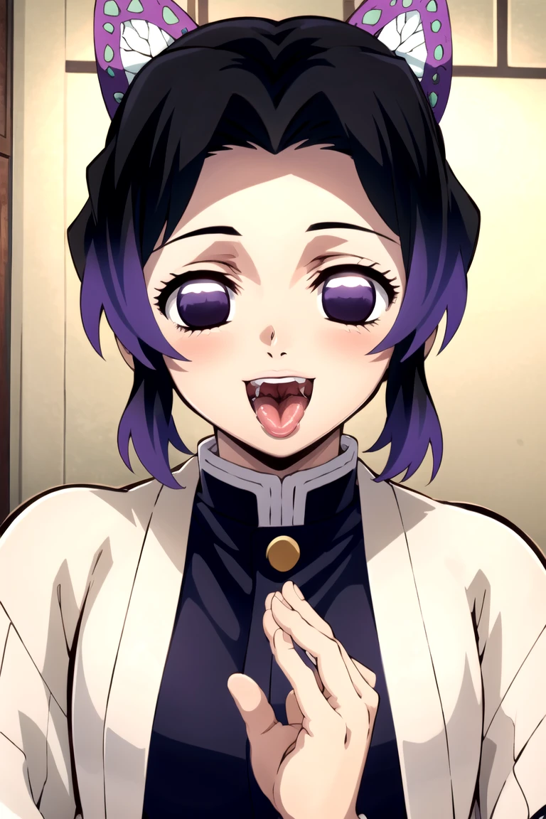 EFT_Shinobu, 1girl, demon slayer uniform, kochou shinobu, butterfly hair ornament, solo, hair ornament, purple hair, multicolored hair, black hair, purple eyes, smile, haori, looking at viewer, japanese clothes, no pupils, gradient hair, empty eyes, short hair, jacket, bangs, parted bangs, black jacket, , room, indoors, blush, open mouth, big mouth, tongue, tongue out, close up, saliva, uvula, uvula, room, mouth focus, excessive saliva,