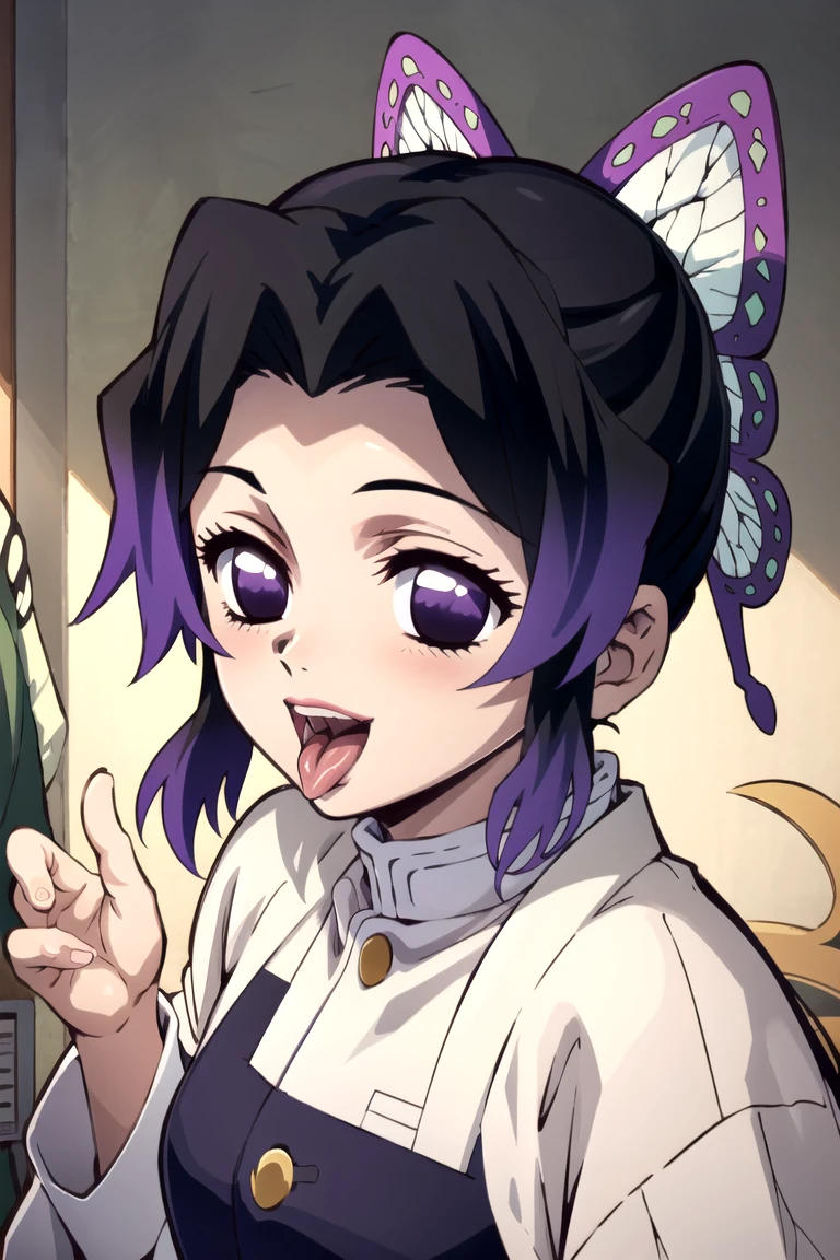 EFT_Shinobu, 1girl, demon slayer uniform, kochou shinobu, butterfly hair ornament, solo, hair ornament, purple hair, multicolored hair, black hair, purple eyes, smile, haori, looking at viewer, japanese clothes, no pupils, gradient hair, empty eyes, short hair, jacket, bangs, parted bangs, black jacket, , room, indoors, blush, open mouth, big mouth, tongue, tongue out, close up, saliva, uvula, uvula, room, mouth focus, excessive saliva,