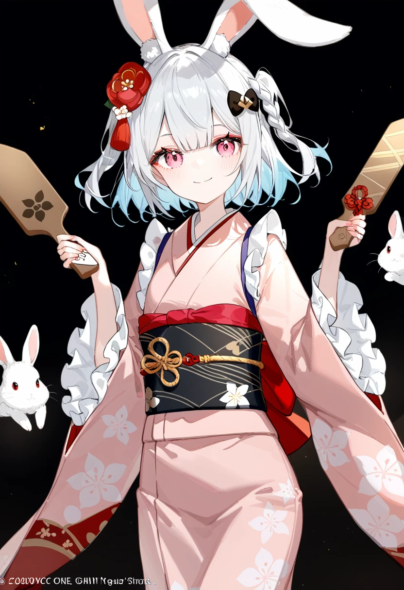 1girl, ciloranko:1.1, noyu \(noyu23386566\), wanke, (z282g:1.3), official art, absurdres, best quality, perfect anatomy, attractive, animal, animal ear fluff, animal ears, braid, chinese zodiac, closed mouth, frilled sleeves, frills, grey hair, hagoita, hair ornament, hands up, holding, japanese clothes, kimono, long sleeves, looking at viewer, nengajou, new year, obi, paddle, pink eyes, pink kimono, rabbit, rabbit ears, rabbit hair ornament, sash, smile, solo, two side up, wide sleeves, year of the rabbit