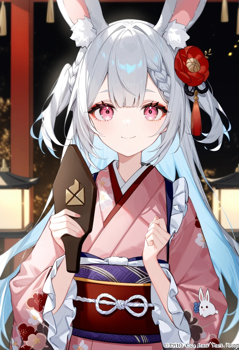 1girl, ciloranko:1.1, noyu \(noyu23386566\), wanke, (z282g:1.3), official art, absurdres, best quality, perfect anatomy, attractive, animal, animal ear fluff, animal ears, braid, chinese zodiac, closed mouth, frilled sleeves, frills, grey hair, hagoita, hair ornament, hands up, holding, japanese clothes, kimono, long sleeves, looking at viewer, nengajou, new year, obi, paddle, pink eyes, pink kimono, rabbit, rabbit ears, rabbit hair ornament, sash, smile, solo, two side up, wide sleeves, year of the rabbit
