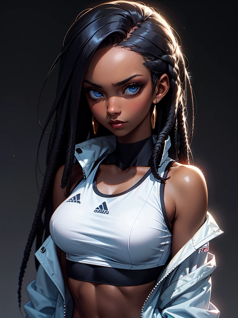 ((Portrait Photo)), She has an Athletic and Slender Black-Haired Appearance, with a Strong Build, Dark Skin and Relaxed Aura. She Expresses a Calm and Indifferent Look, Giving Off a Composed and Unfazed Attitude. She has Deep Blue Eyes, and Her Hair is Long and Black, with Dreadlocks Falling Over Her Forehead. She Wears an Open White Sports Jacket, with a Tank Top Underneath, Revealing Her Midriff. ((Portrait Photo, HDR, Dark Background))