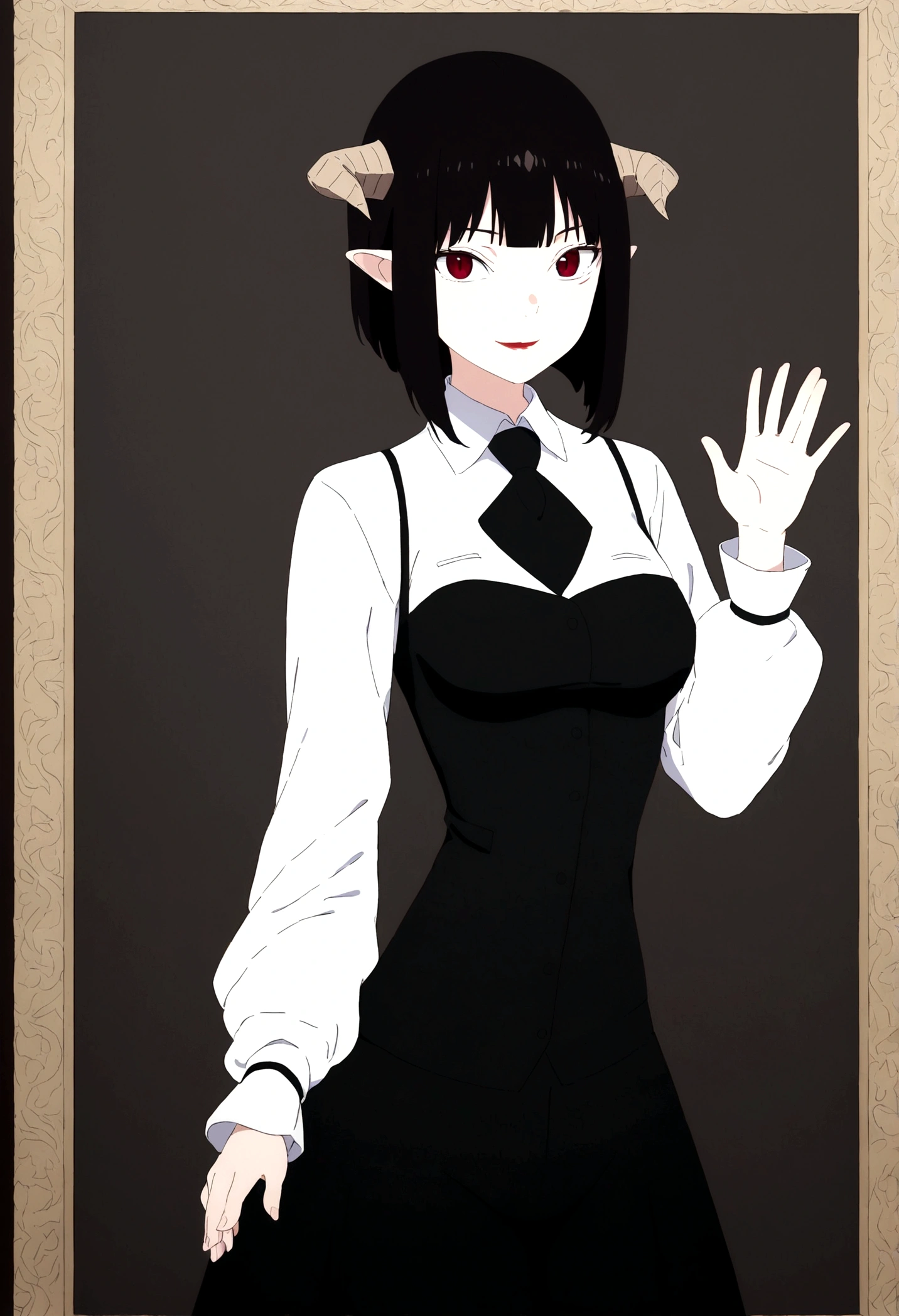 (work of art, ultra detali,high resolution,8K), 1 girl ,standing alone,hinterland,Look to viewer, TochaTortura, trunk,sheen,horns in hair,rabo de demon,ssmile,waving his hand