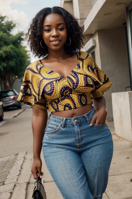 Create an image of a 23-year-old African woman, exuding happiness, dressed in a beautiful modern clothes, she should be very thick and realistic . She should be posing with the confidence and grace of a fashionista. The scene should be simple and capture a beautiful scene of the beautiful outdoors