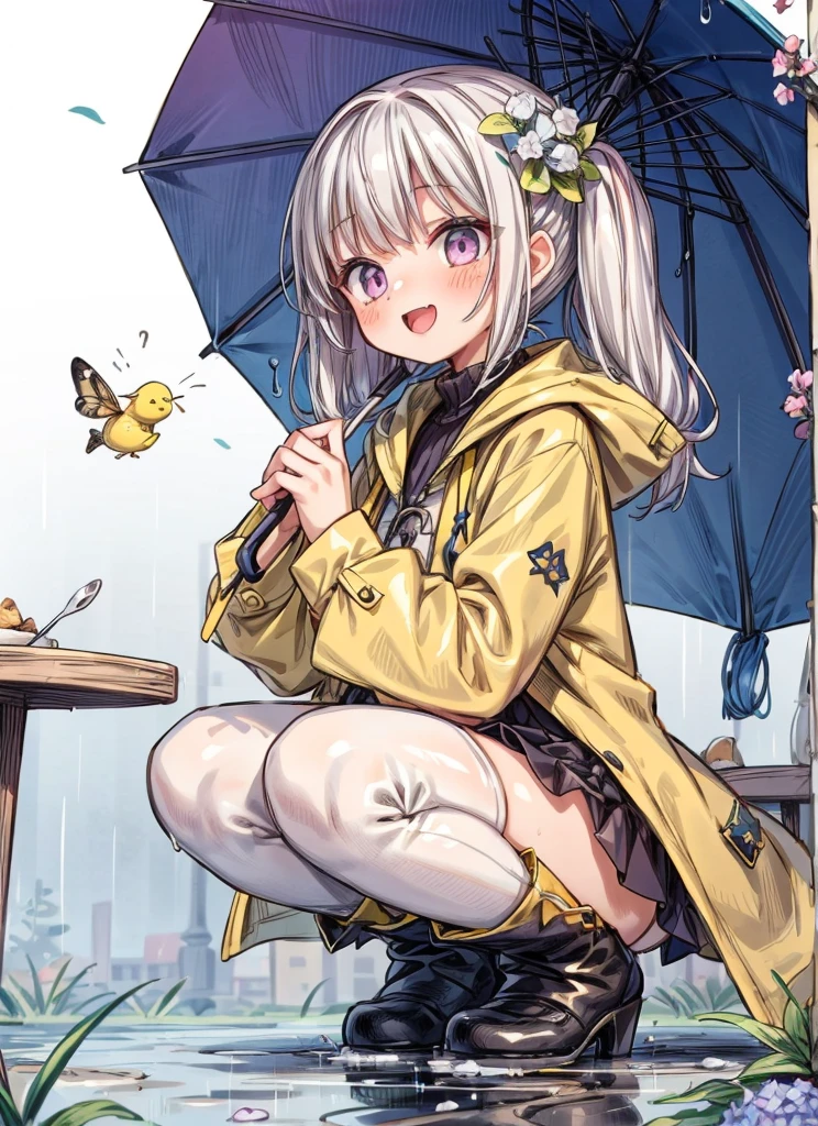 One Girl,rainbow,raincoat,yellow raincoat,rubber Knee-high boots,Hydrangea,flower,Long Hair,Twin tails,Knee-high boots,blush,umbrella,Open your mouth,hair ornaments,white background,Food,alone,Terboz,very Long Hair,Food up,Long sleeve,Low Ponytail,bow,bangs,smile,animal Food,closed umbrella,puddle,Cowboy Shot、squat,:d,snails,Yellow footwear, background,pink flower,Are standing,leaf umbrella,Holding umbrella,food-themed hair ornaments,hair bow,animal ears,Holding,bionde,hair flower,rain,animal,Gray Hair、Light purple eyes、Bob Hair、Laughter、Purple Raincoat、((heavy,Fly pee forward,NSFW))