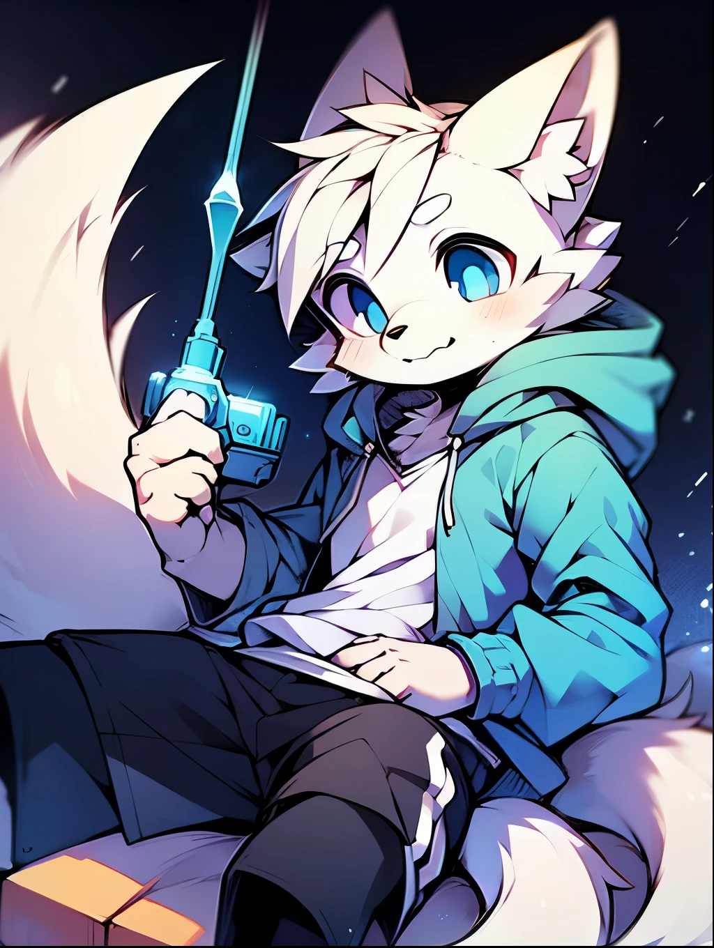 White fox,Eye color green,Eye light color green,solo,Blue hoodie,Wearing a hood,Striped shorts,Gaster Blaster Blue Eyes