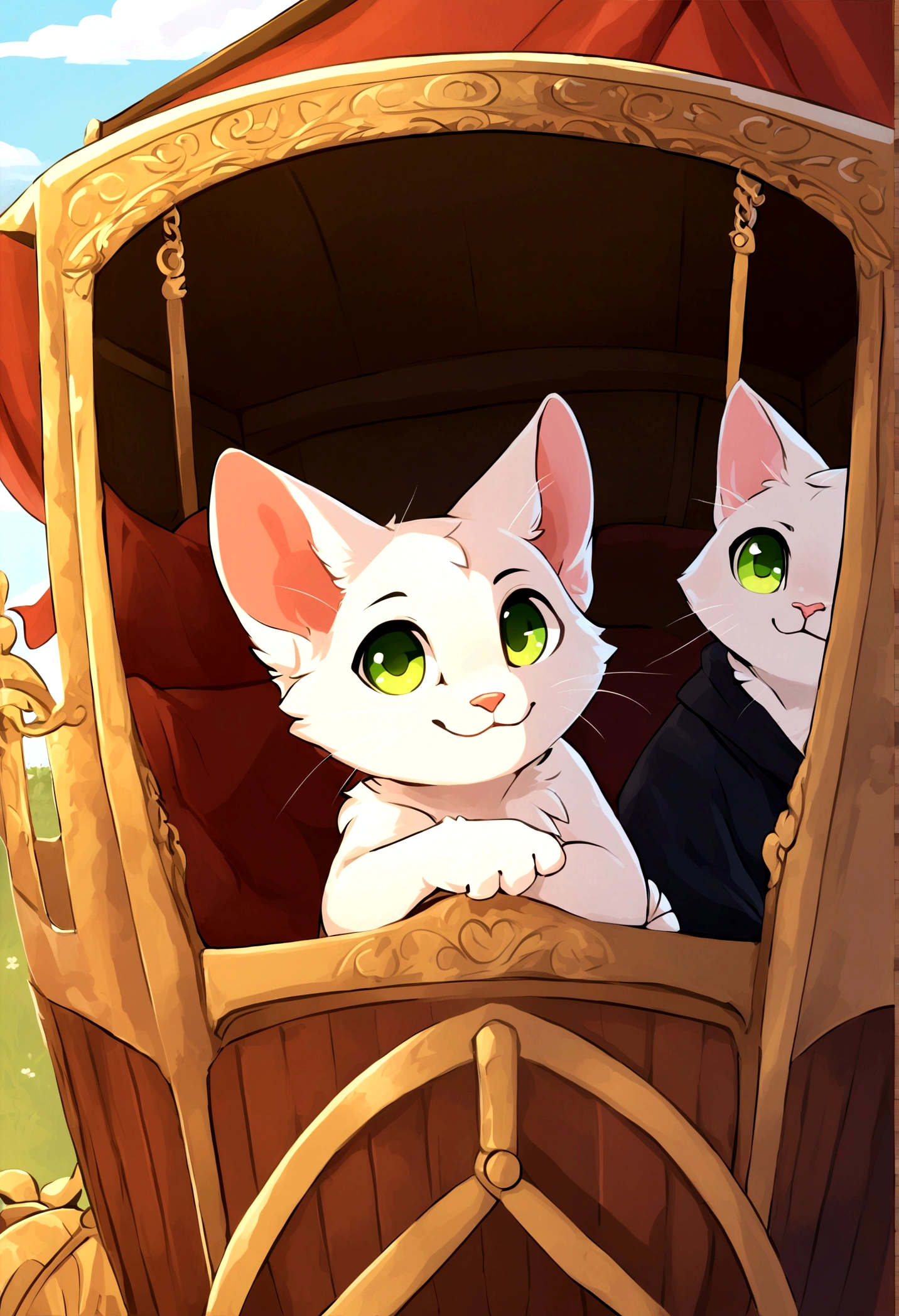 Cover，high resolution，Top quality，best quality，Paid rewards available，juvenile，middle Ages，Cats，male，White fur，Green eyes，tilt head slightly，Smile，Handsome，cute，Soft natural light，Sitting in a carriage