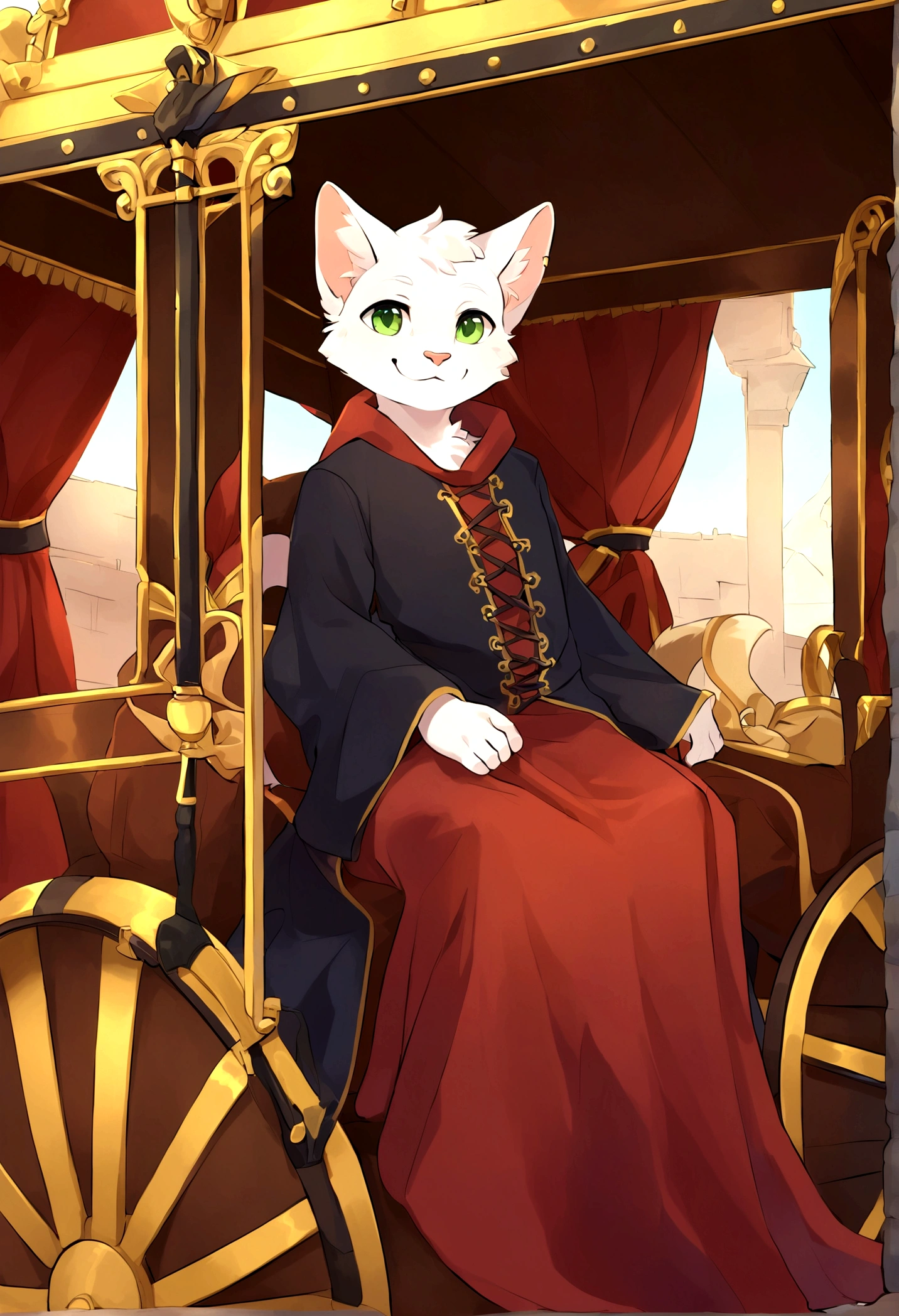 Cover,high resolution,Top quality,best quality,Paid rewards available,juvenile,middle Ages,Cats,male,White fur,Green eyes,tilt head slightly,Smile,Handsome,cute,Soft natural light,Sitting in a carriage