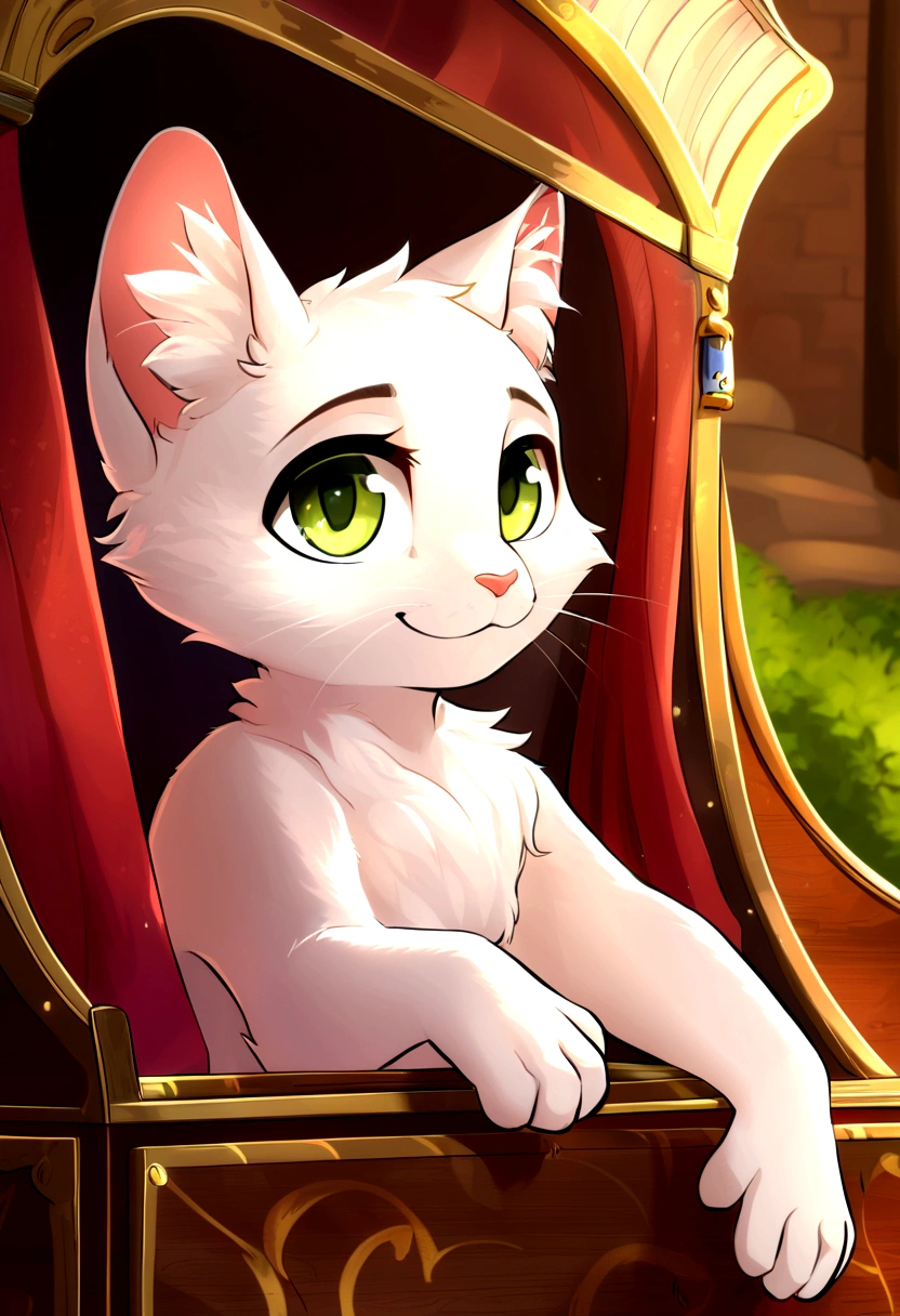 Cover，high resolution，Top quality，best quality，Paid rewards available，juvenile，middle Ages，Cats，male，White fur，Green eyes，tilt head slightly，Smile，Handsome，cute，Soft natural light，Sitting in a carriage