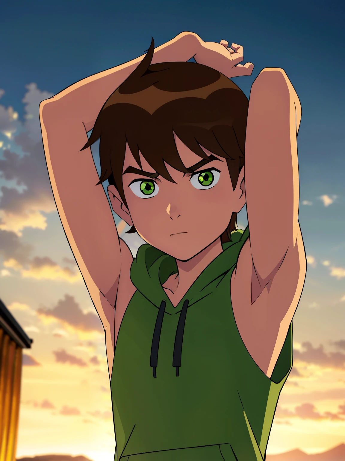 Highres, Masterpiece, Best quality at best,Best Quality,hight quality, hight detailed, boy, 1boy, shota, bentennyson, Green eye, Brown hair, short body, Sleeveless hoodie, Coolarbone, upper body, Seen from the front, (Armpit), uhd, Simple beckground
