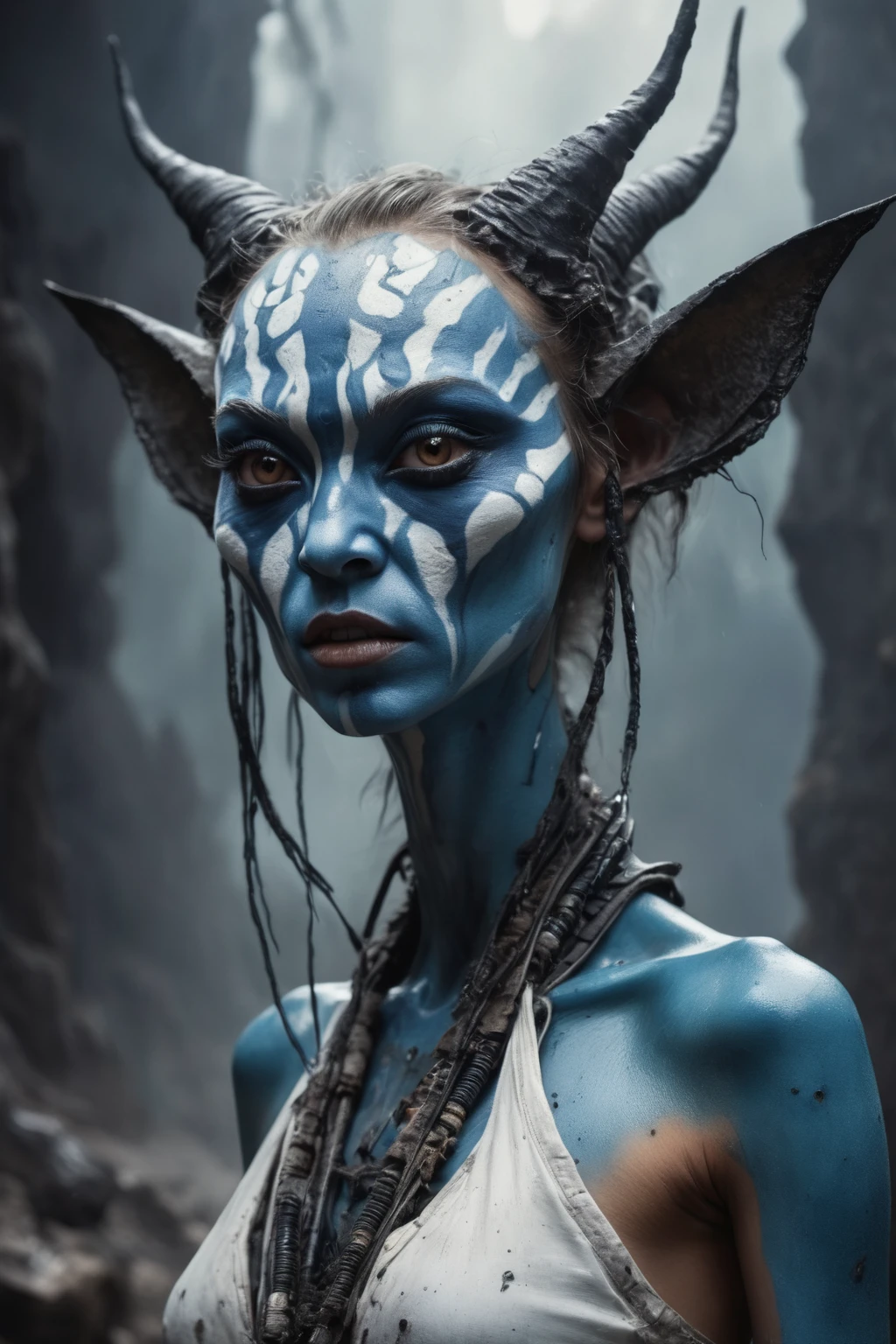 full body length,niobium goblin,ahsoka tano,native africa xenomorph,pretty face,eyebrow up,full body shot,ominous landscape,niobium gray atmosphere,by art Simon Stalenhag,Nicola Samori,(((Wangechi Mutu))),prime colors,urban,extremely detailed,masterpiece,intricate details,faded,eyes extremely detailed, high detailed eyes,4k resolution,RAW, Nikon Z9,scary village,stalker,Bagan of Myanmar,Stone Forest in Yunnan Province of China,Zhangjiajie National Forest Park of China,pretty face,intricate details,realistic humid skin,extremely intricate details,anatomically correct,
eyes extremely detailed, high detailed eyes,High contrast,Ultra HD,Retina,HDR,photo,photorealism,Masterpiece,
natural skin textures, hyper realism,hyper detailed,High contrast,Realism,Ultra Detailed,irina yermolova,
close full body shot,32K resolution,Nikon Z9, ,demonic, dust, smoke, audience, mist, featuring ultra-realistic and hyper-realistic elements,
inspired by Marta Bevacqua, Ellen Jewett, Kawacy, Katsuya Terada, and Carne Griffiths.
Rendered with a color palette consisting of blue, Obsidian and white.
Utilizes futuristic lighting effects such as light halation, light stroke, light beam, explosive lightning,
sparks, concert lighting, light-bulb, bokeh, and/or other effects to create a luminal space that feels
both bright and surreal. Includes liquid fluid elements for added depth and movement. Rendered in an unreal
engine and post-processed to achieve . Evokes a sense of dreamy, ethereal
and mystical mood