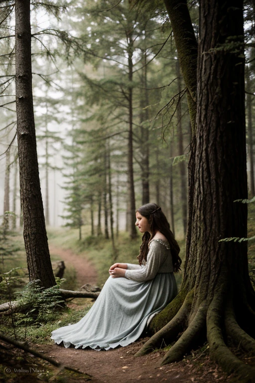 Illustration for a fairy tale about a girl, which was lost in the woods, and the gray wolf found her.