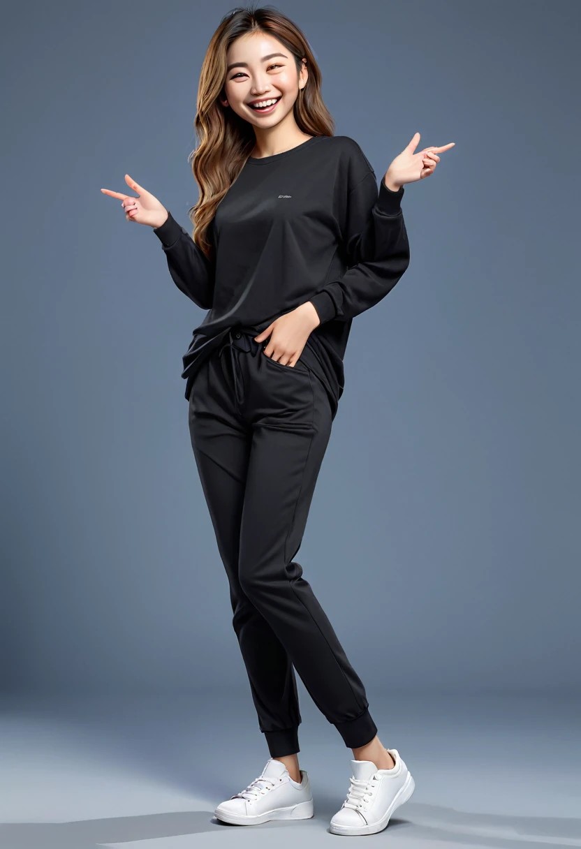 masterpiece, Best quality, highly detailed, realistic, Detailed Face, Detailed and realistic skin, One woman, 20 years old, full body, standing, front face, plain black long sleeve large T-shirt, pants big long, speaks with hand gestures, front view, big smile