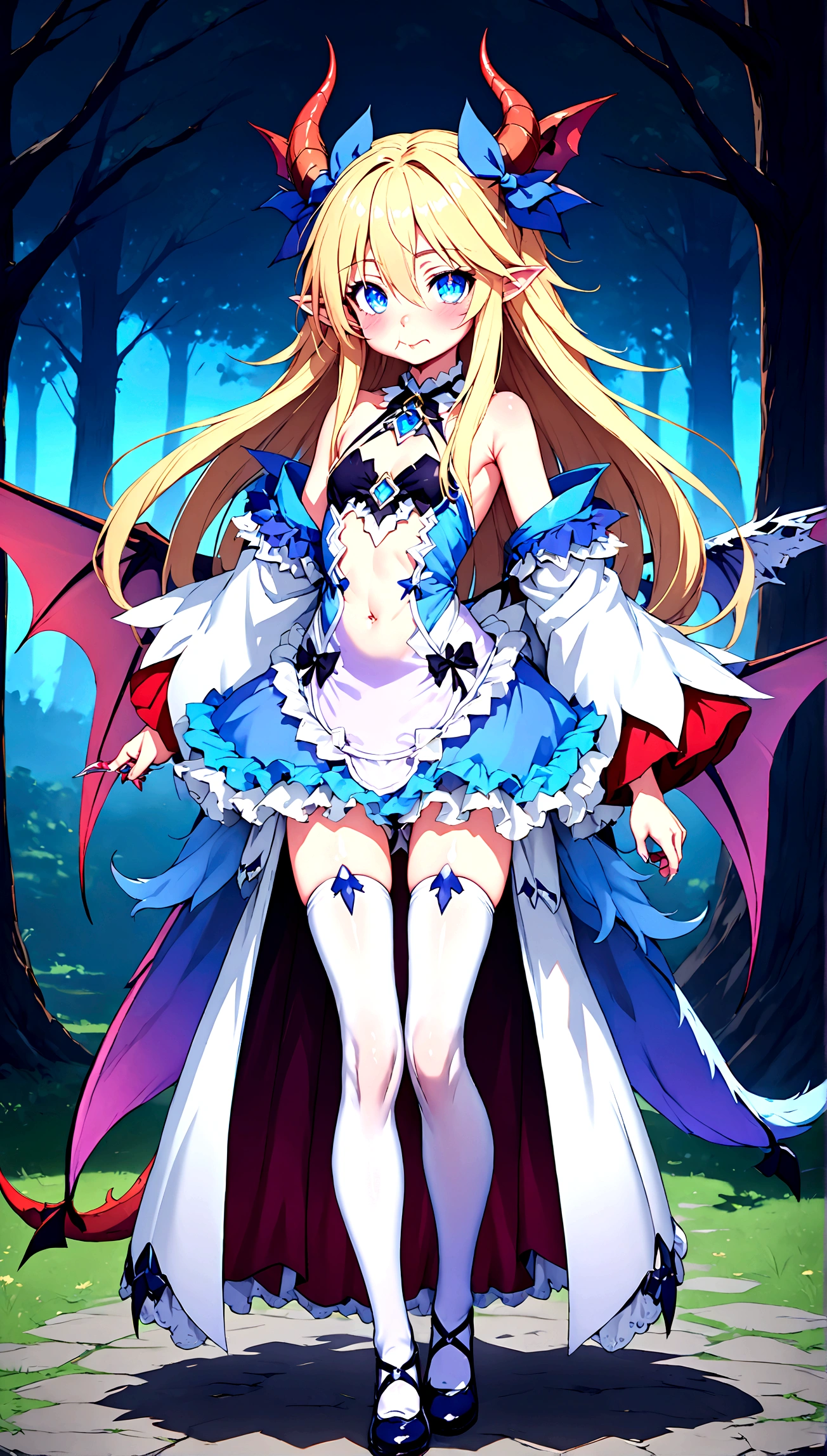 Anime. Monster Girl Encyclopedia. Alice.1 Girl. Lovely girl. . . Baby. Succubus Clumsy. Blonde. Long hair. Blue eyes. Beautiful eyes. Perfect eyes. Expressive eyes. Ideal face. ************. Small breasts. Flat chest. Pointy ears. Ideal anatomical body. Succubus horns. Wings of a succubus. Succubus tail with a heart tip. Cold. Runny nose. Snot flows from the nose. Blue and white children's dress from Alice in Wonderland. bows on the horns. White stockings. Shoes. Standing. Standing at full height. Standing in the forest. Standing in the middle of the forest. Beautiful character design. Shiny skin. Full body. nsfw. Scat. Official art. Extremely detailed CG Unity 8k wallpaper. Ideal lighting. Ultra high resolution 4K. Super detailed 8K. A high resolution.