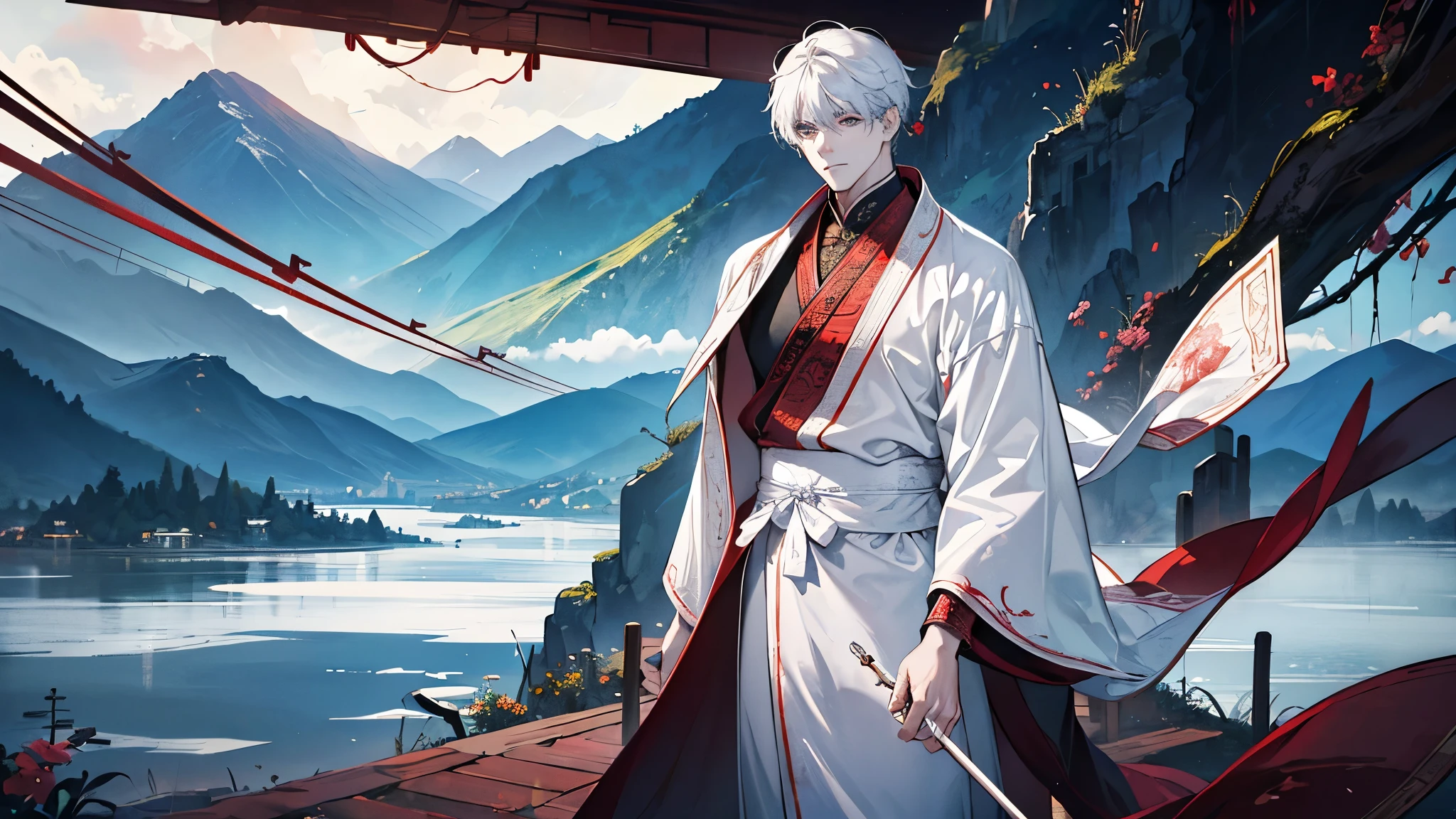 A man wearing a white Chinese-style robe , Handsome like a villain,Clear eyes,Bright theme , strong , ,Chinese martial arts theme , Behind are mountains and buildings. , The scenery is more important than the characters. , single character