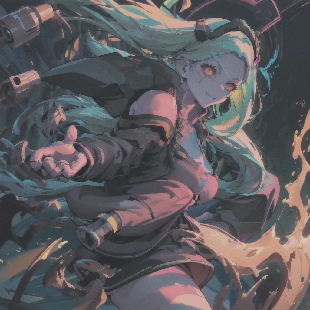 masterpiece, best quality, ultra-detailed, illustration, epic lighting, cinematic composition, 1girl, cute, red sclera,red pupils, cyborgunder, tattoo, green hair, colored skin, small breasts, black jacket, standing, legs apart, enchanting gaze, captivating pose, upper body:1.1, looking at viewer, smirk, closed mouth, outdoors, city, cyberpunk, neon lights, street, thick thighs, highlight buttocks, highlight thighs (night, dark, darkness, pitch black, shadows:1.4), (8k:1.1),  
