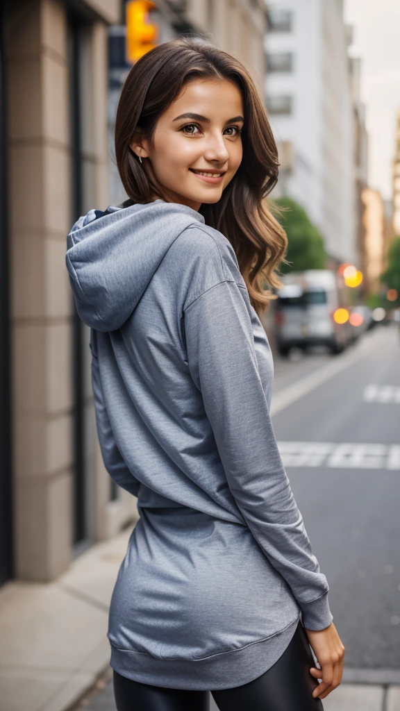 (Lidiia Filippova:1.2), (Keilih Stafford:0.9), (Felicity Fey:0.5), beautiful young woman, photo of a beautiful girl wearing casual shirt with a hoodie and leggings, city street, messy medium hair, slim body, view from back, medium upper body shot, looking at the camera, cute smile, shallow depth of field