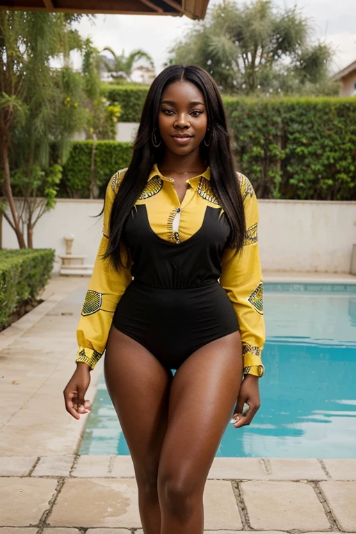 Create an image of a 23-year-old African woman, exuding happiness, dressed in a beautiful modern clothes, she should be very thick and realistic . She should be posing with the confidence and grace of a fashionista. The scene should be simple and capture a beautiful scene of the beautiful pool