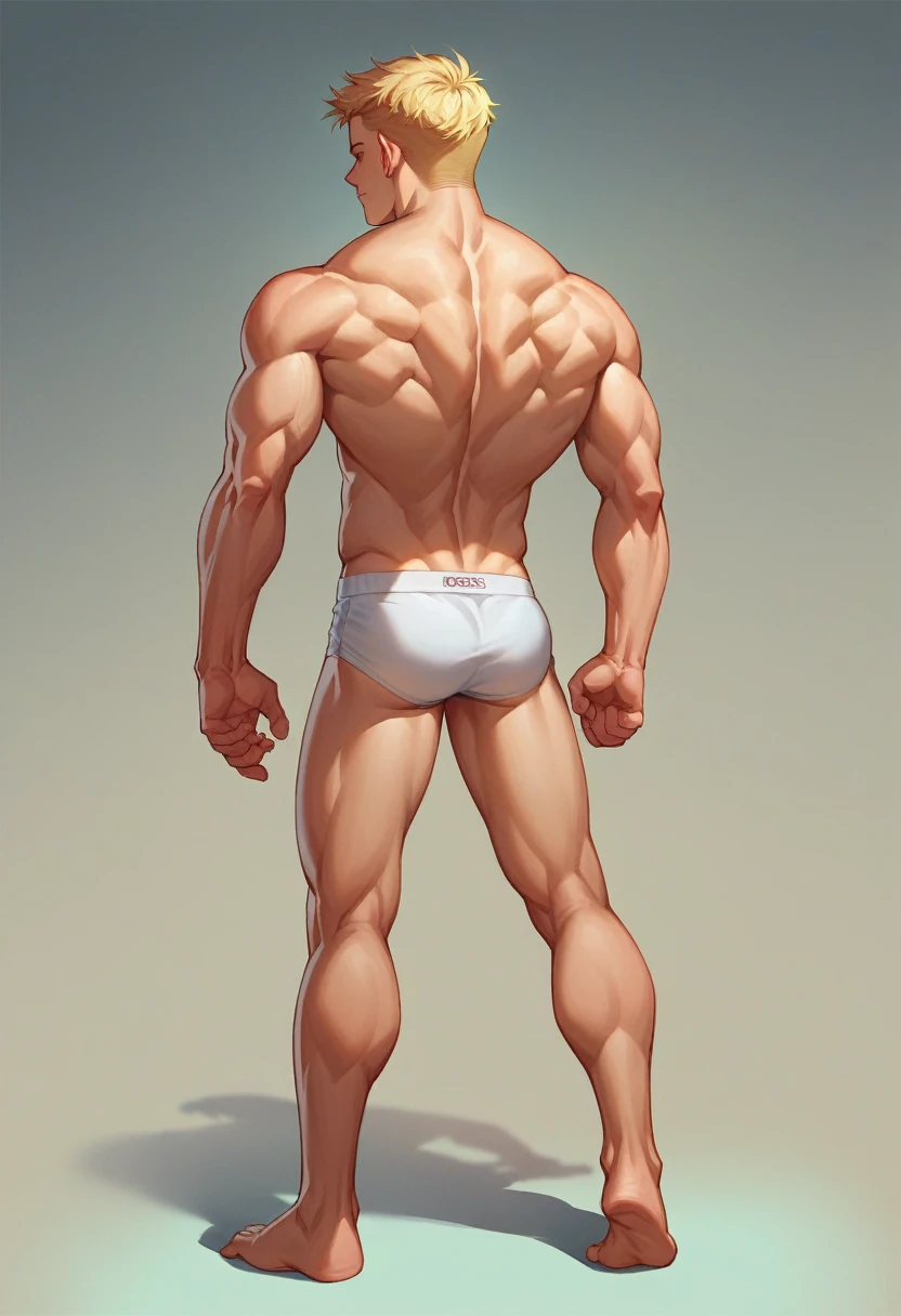 (masterpiece, best quality), Intricate detailing, 8K, artstation, backshot, Young ager, Teenybuilder, 14 years hair, posing bis muscles in underwear, barefoot, Buff muscle Body