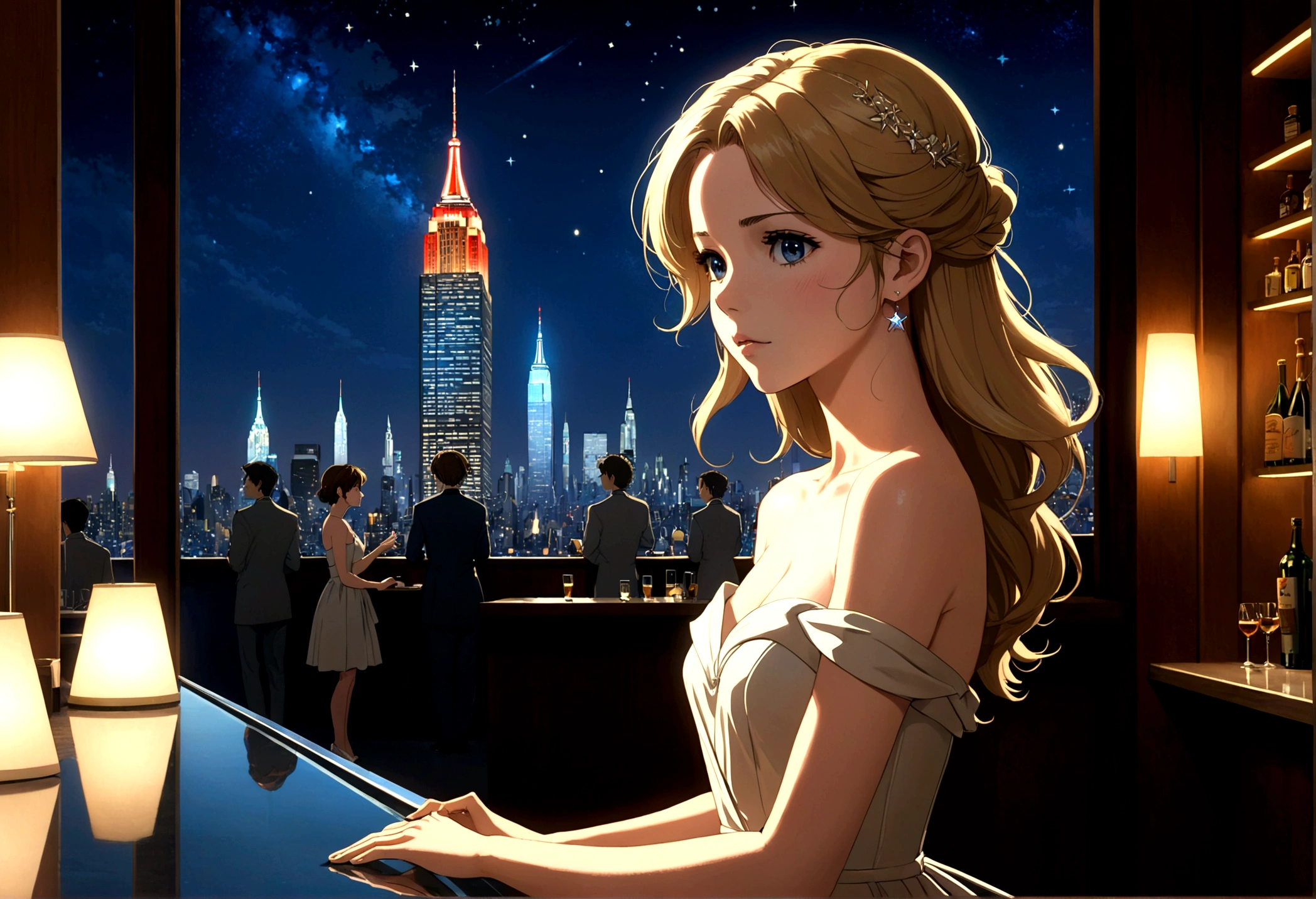 Uses Makoto Shinkai&#39;The depiction is perfect,Portrait of Kate Beckinsale,8k 4k masterpiece photo ,new york,Glass ceiling jazz bar,I can see the twinkling stars through the glass window.,that&#39;Outside in the dark night,Jazz is playing,Profile close-up,Beautiful profile,Calm expression,Semi-long hair,Blonde,Look in a different direction,Standing alone at the counter,Beige strapless dress,Small bust