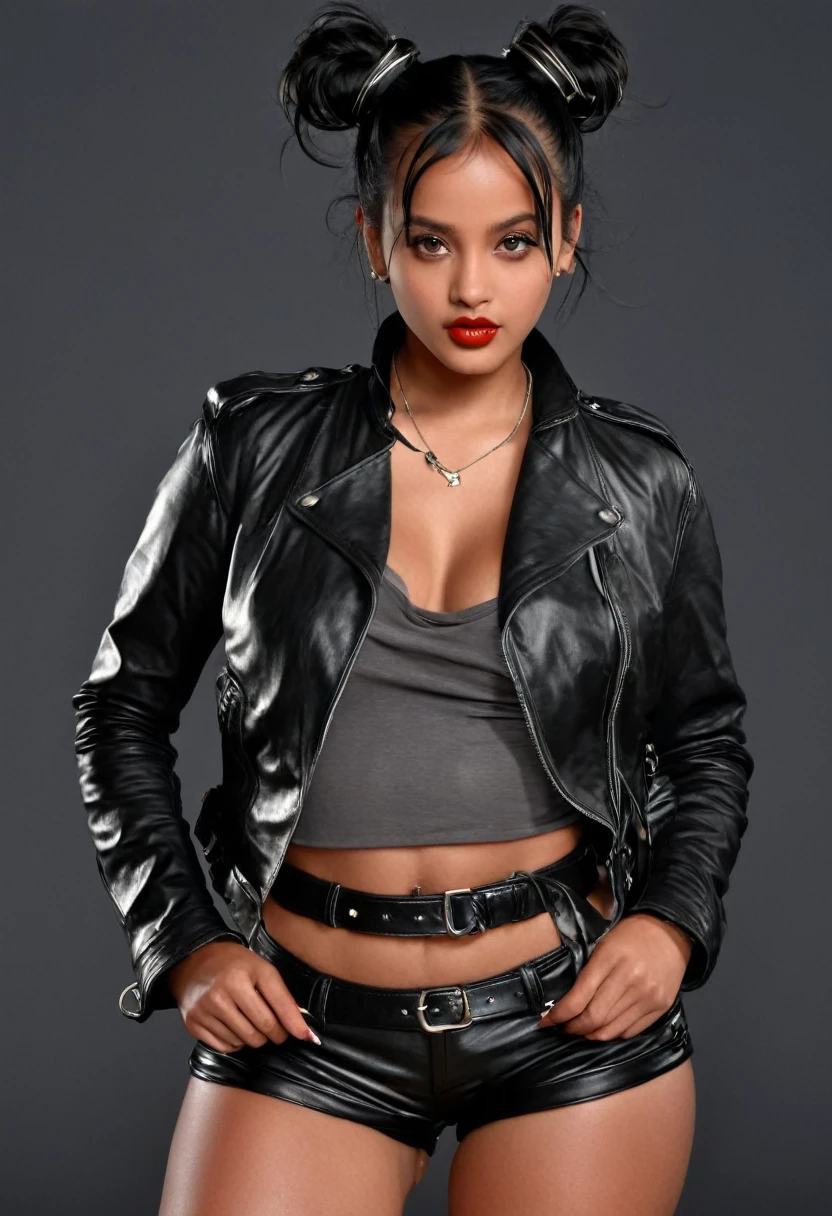 (masterpiece, best quality:1.2), bellissima 1girl, solo, looking at viewer, (grey eyes:1.2), black hair, double buns, jewelry, lips, leather jacket on a black shirt, belt, shorts, messy hair, realistic, convenient censored, dark skinned woman