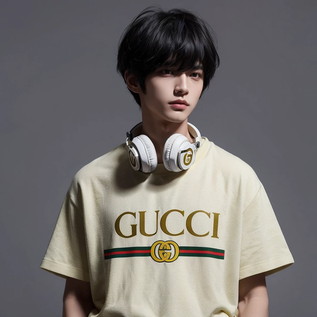 Handsome boy, black hair, brown eyes, wearing light yellow gucci shirt, white headphone