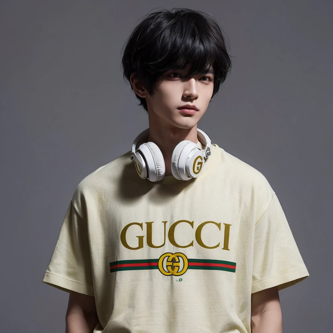 Handsome boy, black hair, brown eyes, wearing light yellow gucci shirt, white headphone