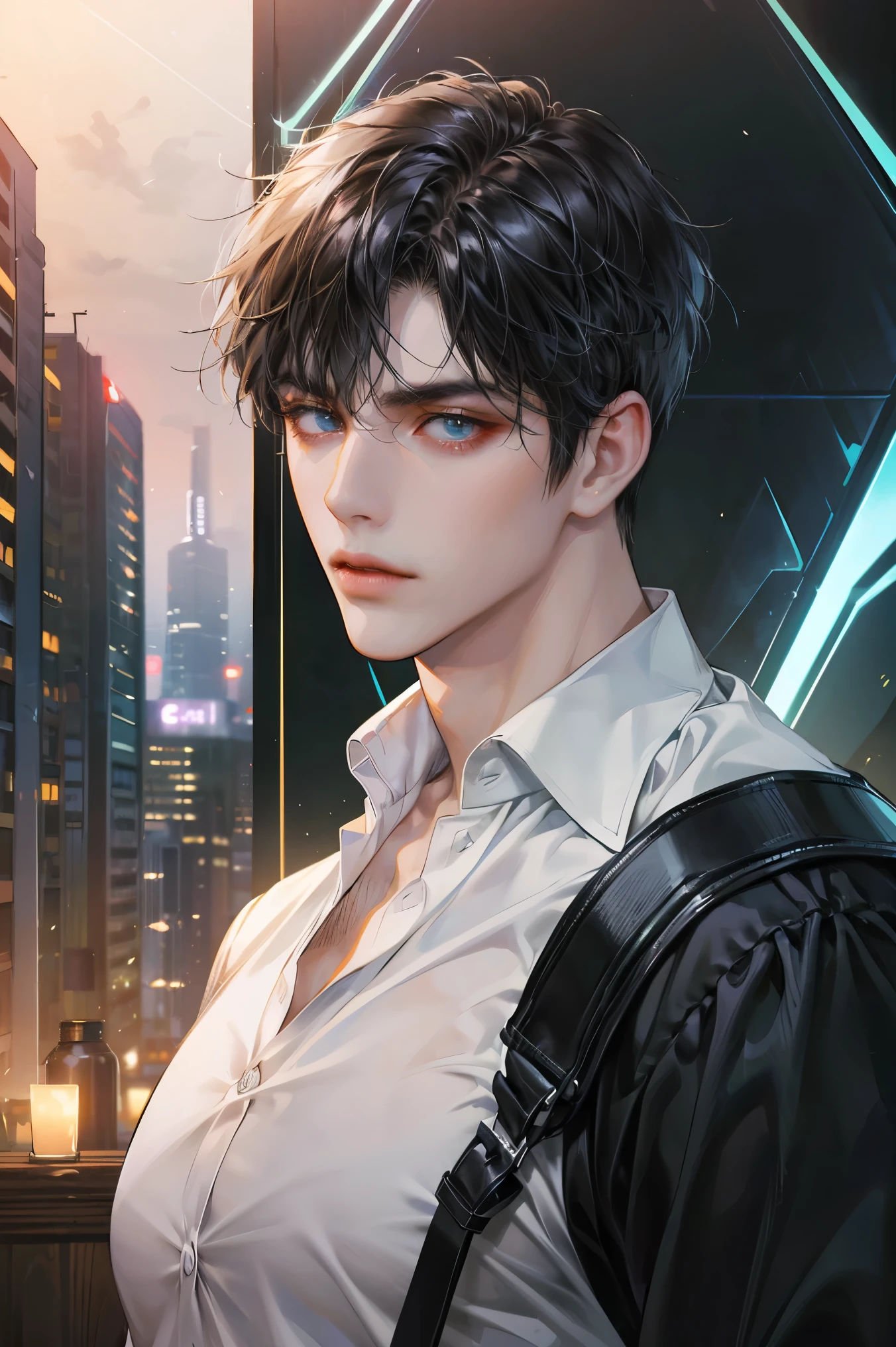 (absurdres, highres, ultra detailed, original character, HDR), 1 boy, solo, adult, handsome, ((tall muscular guy, broad shoulders)), finely detailed eyes, (black hair), hair between eyes, turquoise eyes, holographic, futuristic, casual and sexy outfit, gun holster, (body tight white shirt), ((large man breasts)), ((wearing an earring)), (portrait), dutch angle, face focused, british colonial scenery, dystopian hong kong city, skyscrapers, closed mouth, looking at viewer, depth of field, bokeh