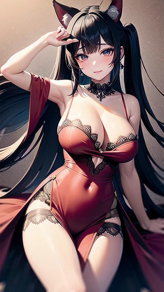 expressive eyes, perfect face, cute face, perfect hands, blushing, red wolf deity, hair fringe, hair clips, huge teardrop , sexy dress, cleavage, fabric lace, fishnet stockings, long cape, fluttering, long high twintails, animal ears, incredible details, wallpaper art, full body art, hands on legs, sensually watching viewer, solo, mountain background, ( dreamy, heavenly, dream-like, breathtaking),