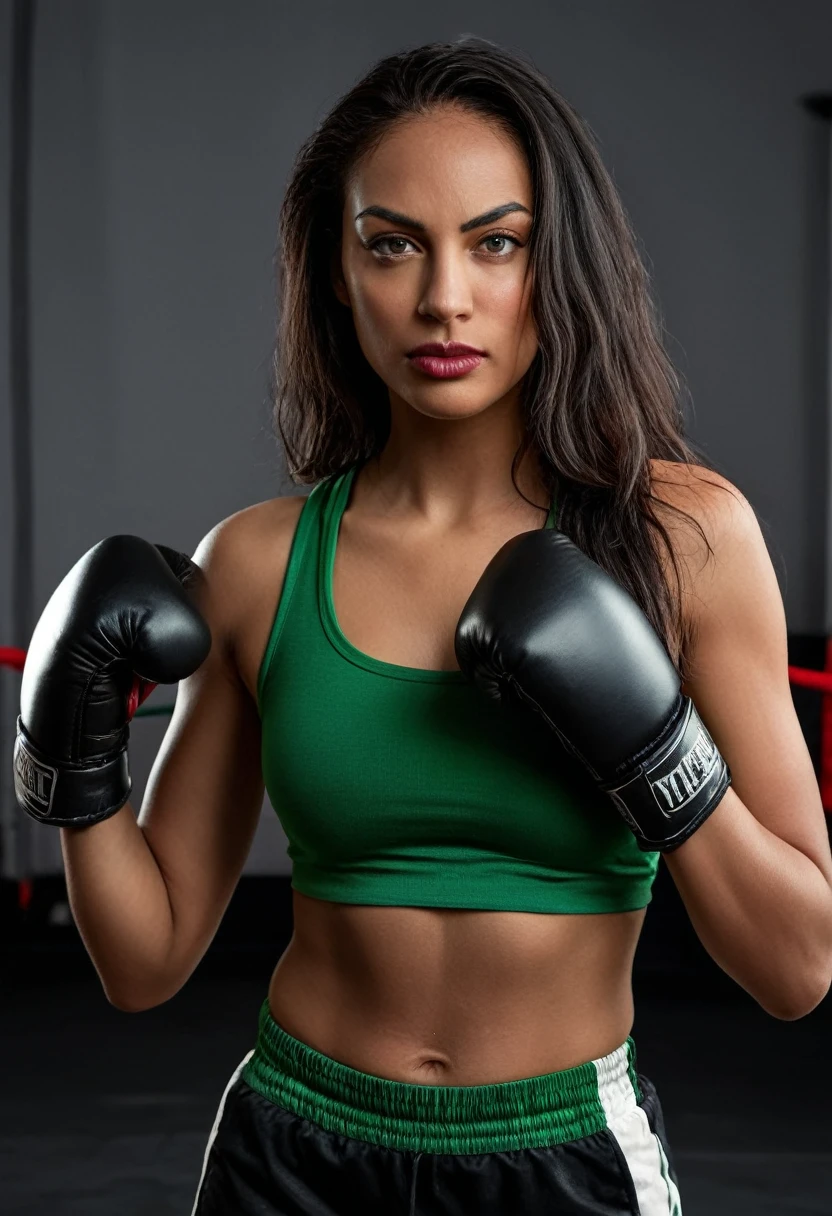 A woman in a boxing ring posing for a photo, wmma. A woman in a black tank top and red boxing gloves. Portrait of a female boxer, fierce expression, sweat on her face, boxing gloves, [Realistic], (Hard lighting: 1.2), (Boxing ring scene: 1.1), (4k resolution. Black sports bra and shorts,Gloves boxer,With attentive eyes,Boxing stance,waist line. 1 hyper-realistic real photo, frontal close-up, swinging a boxing glove in front of the camera with passion and anger, preparing to throw a strong punch. Completely Arafed woman with green eyes, eyes open and head high. Pose of a strong and muscular woman, determined expression, fierce look, athletic build, confident pose, beautiful young black woman with dark skin. Voluminous black hair with brown highlights, green eyes, green eyes, expressive green eyes, beautiful green eyes, realistic green eyes, detailed, ultra-realistic, symmetrical, hyper-realistic green eyes (eyeliner, long and perfect eyelashes). thick, the nose is small and proportional to the face and the soft contour of the face that accentuates the high cheekbones. Attractive and irresistible mouth, well-defined lips, full lips, voluminous lips, seductive lips, captivating, striking, unforgettable and enigmatic, black lipstick. The face is oval, with high cheekbones and a well-defined chin, a beautiful and detailed face. Black lipstick, gothic makeup. Skin tone: Olive skin, healthy and even glow, with olive skin, dark skin, sexy girl with olive skin, detailed skin texture, beautiful and glowing skin, intricate details, smooth skin, healthy and radiant appearance. Hourglass body, voluptuous body, slender woman, Huge breasts, well-toned belly, toned tummy, slim waist, Wide hips, big hips, huge butt, thick thighs, Long and shapely legs. 50 mm lens, f/2.8, hdr, (8K) RAW photo, high quality resolution 8K uhd, dslr, 2k, 4K, 8K, 16K.