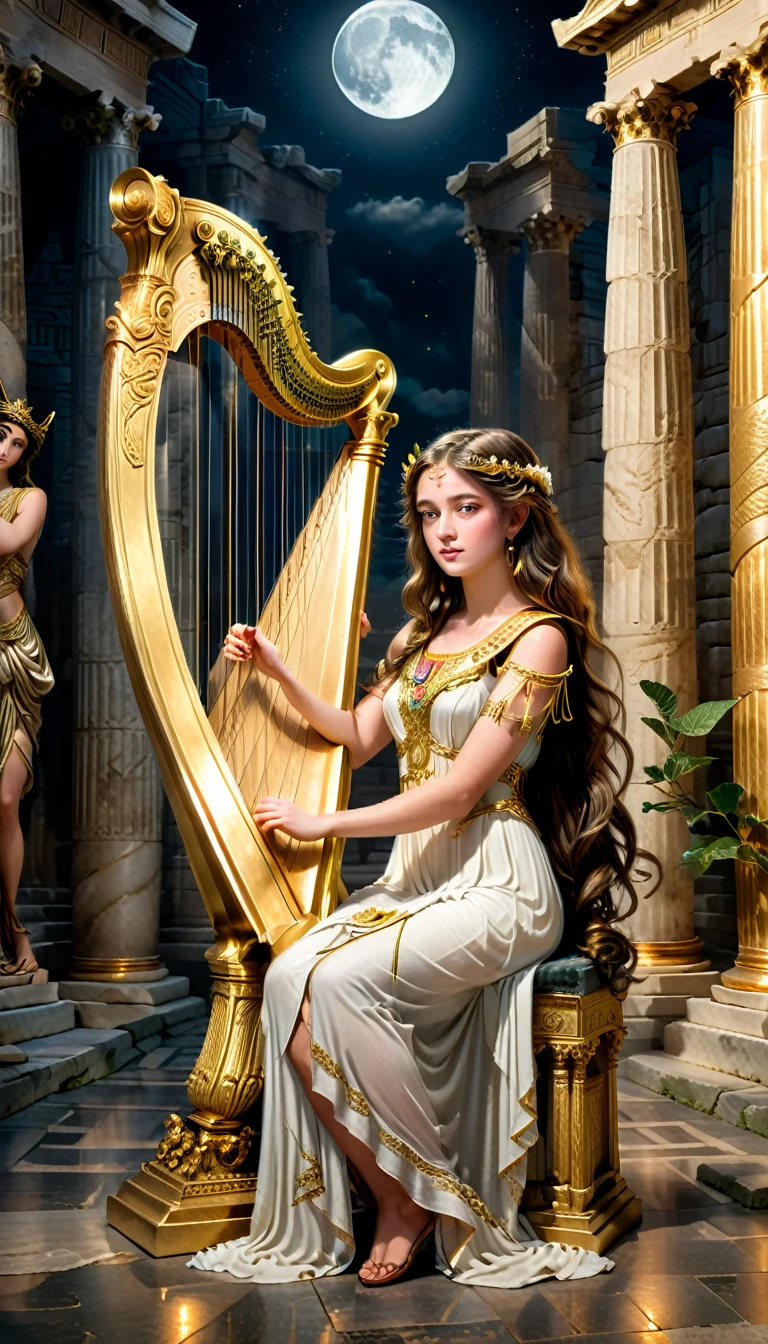 a young priestess, sitting, she places a harp larger than herself in front of him and plays it, playing a large lyre, ancient Greek temple, late at night, inside the temple it is (dark:1.3) and there is (no lighting:1.2), the moonlight shines in at an angle, shining a faint light on her., highly detailed, photorealistic, realistic lighting, intricate architecture, ornate decorations, cool color palette, golden accents, soft fabric textures, mesmerizing expression, elegant pose, cinematic composition, natural lighting, realistic shadows, mystical atmosphere, hyperrealistic, award-winning art