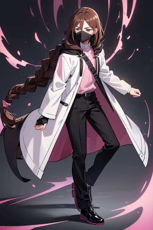 ((Male)) ((Long braided, brown hair)) ((black eyes)) ((slim body)) ((serious expression)) ((white jacket)) ((black and blue with fade-ish pink shirt)) ((black pants)) ((black shoes)) ((black mask)) ((red cloak))