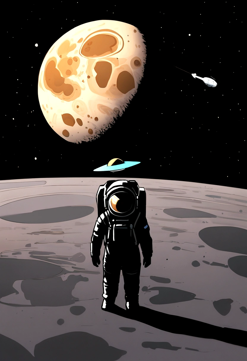 Astronaut, extreme minimalism, empty space, rocket behind, jupiter, satelit, moon, earth, space weapon, ufo